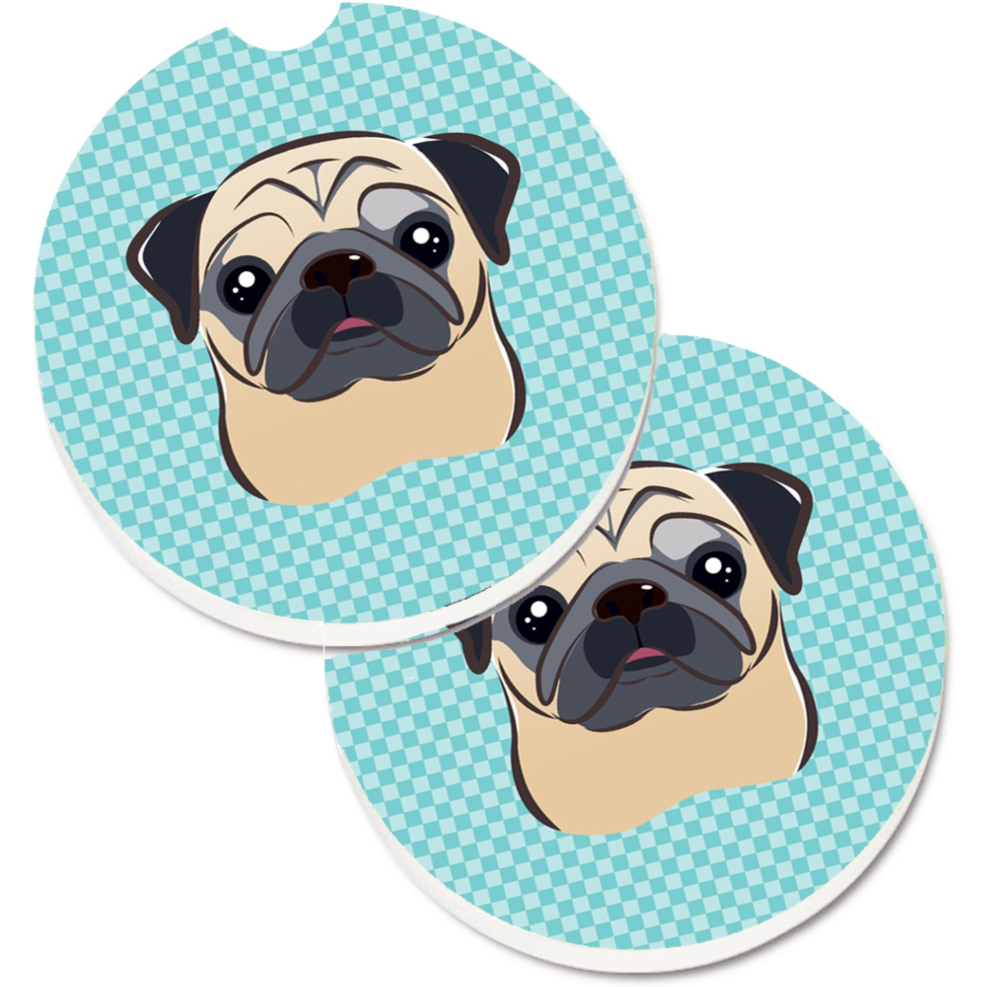 &quotCaroline's Treasures Checkerboard Blue Fawn Pug Set of 2 Cup Holder Car Coasters BB1200CARC, 2.56, Multicolor"