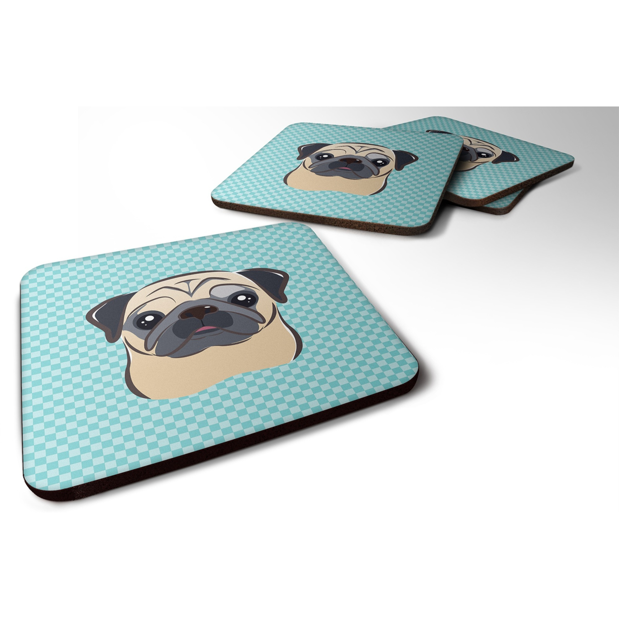 &quotCaroline's Treasures BB1200FC Checkerboard Blue Fawn Pug Foam Coaster (Set of 4), 3.5"" H x 3.5"" W, Multicolor"
