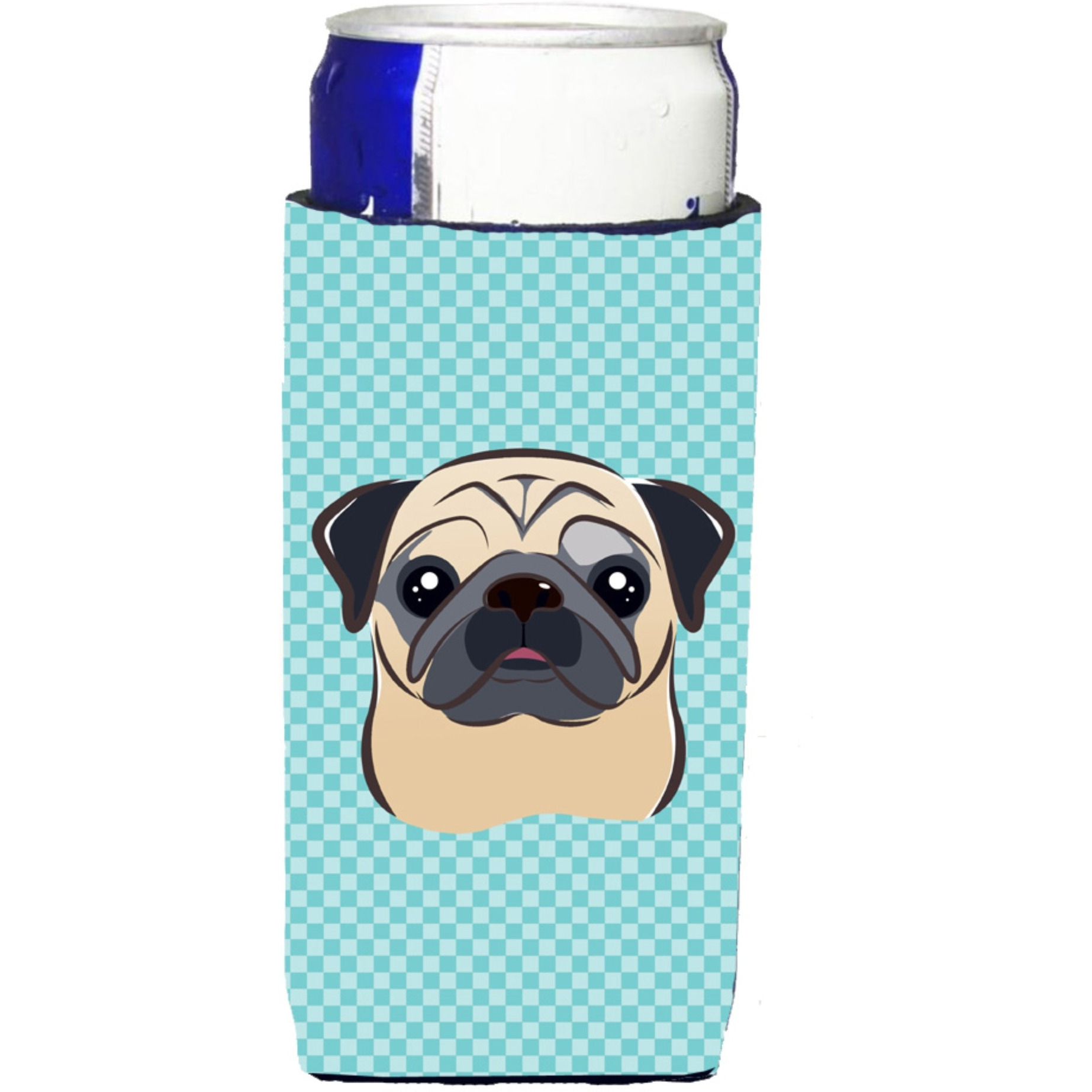 Checkerboard Blue Fawn Pug Ultra Beverage Insulators for slim cans BB1200MUK