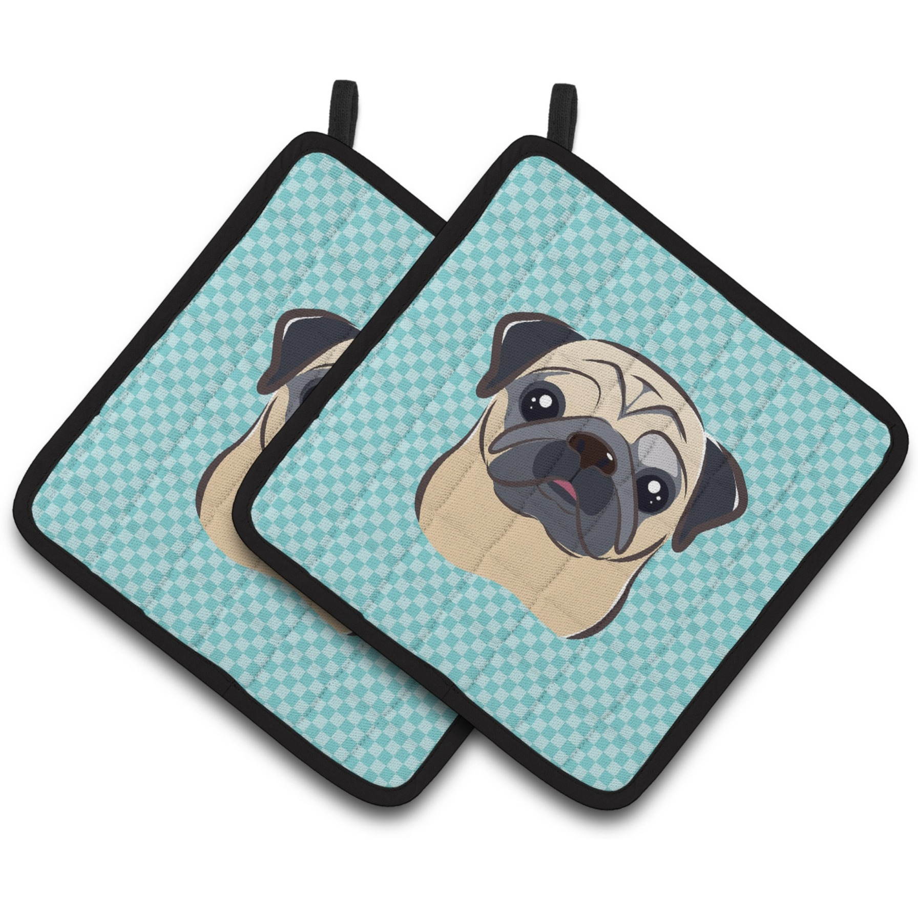&quotCaroline's Treasures Checkerboard Blue Fawn Pug Pair of Pot Holders BB1200PTHD, 7.5HX7.5W, Multicolor"