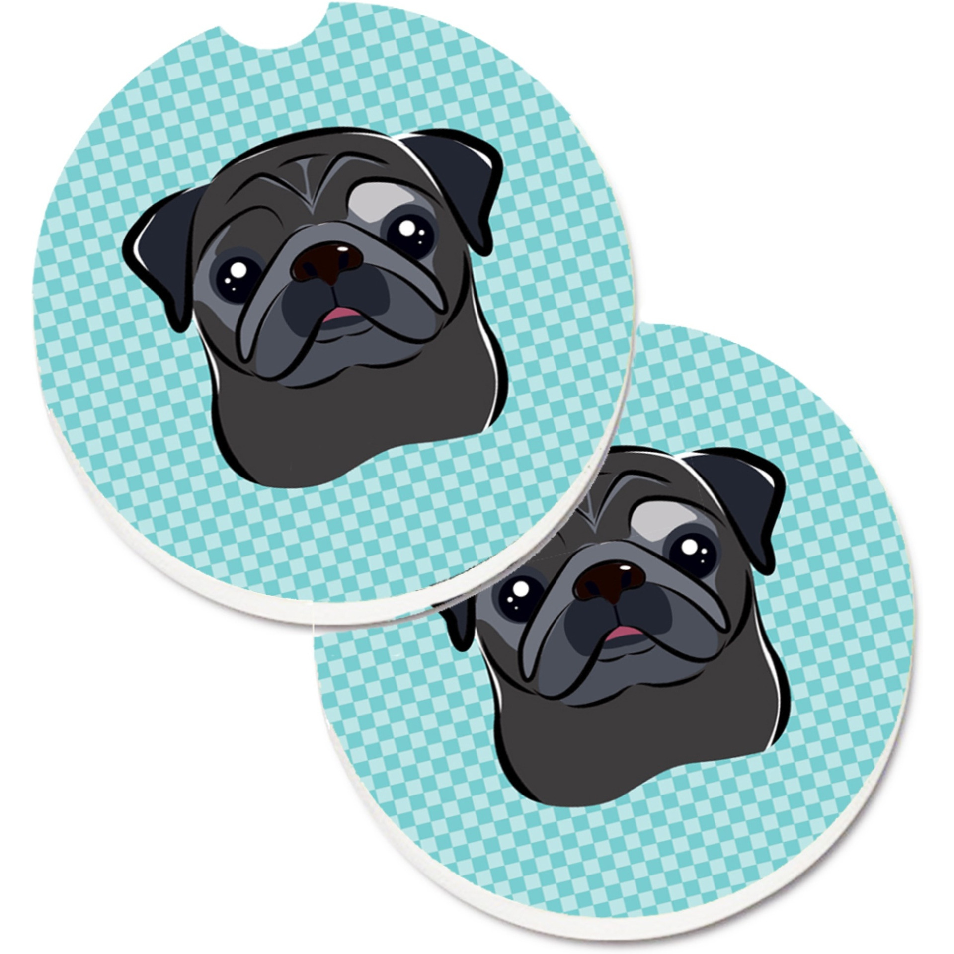 &quotCaroline's Treasures Checkerboard Blue black Pug Set of 2 Cup Holder Car Coasters BB1201CARC, 2.56, Multicolor"