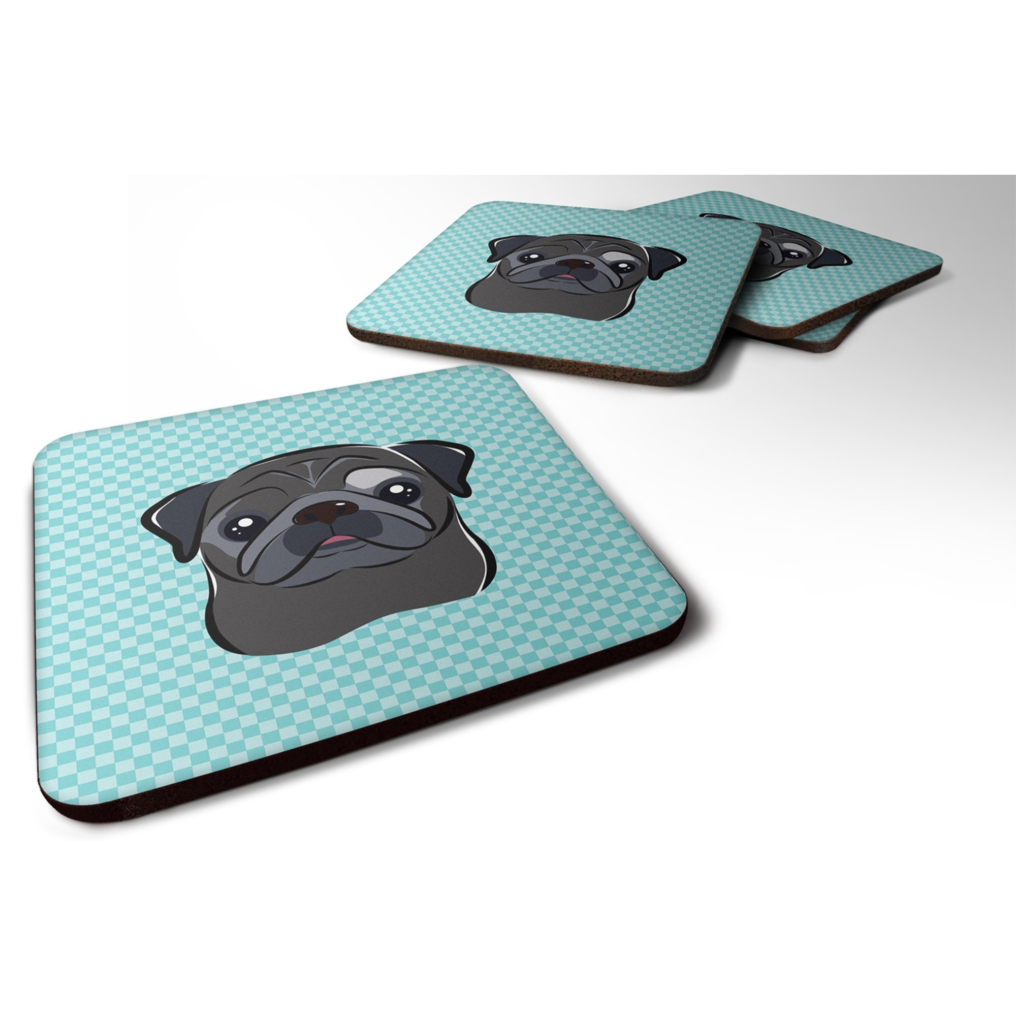 &quotCaroline's Treasures BB1201FC Checkerboard Blue Black Pug Foam Coaster (Set of 4), 3.5"" H x 3.5"" W, Multicolor"