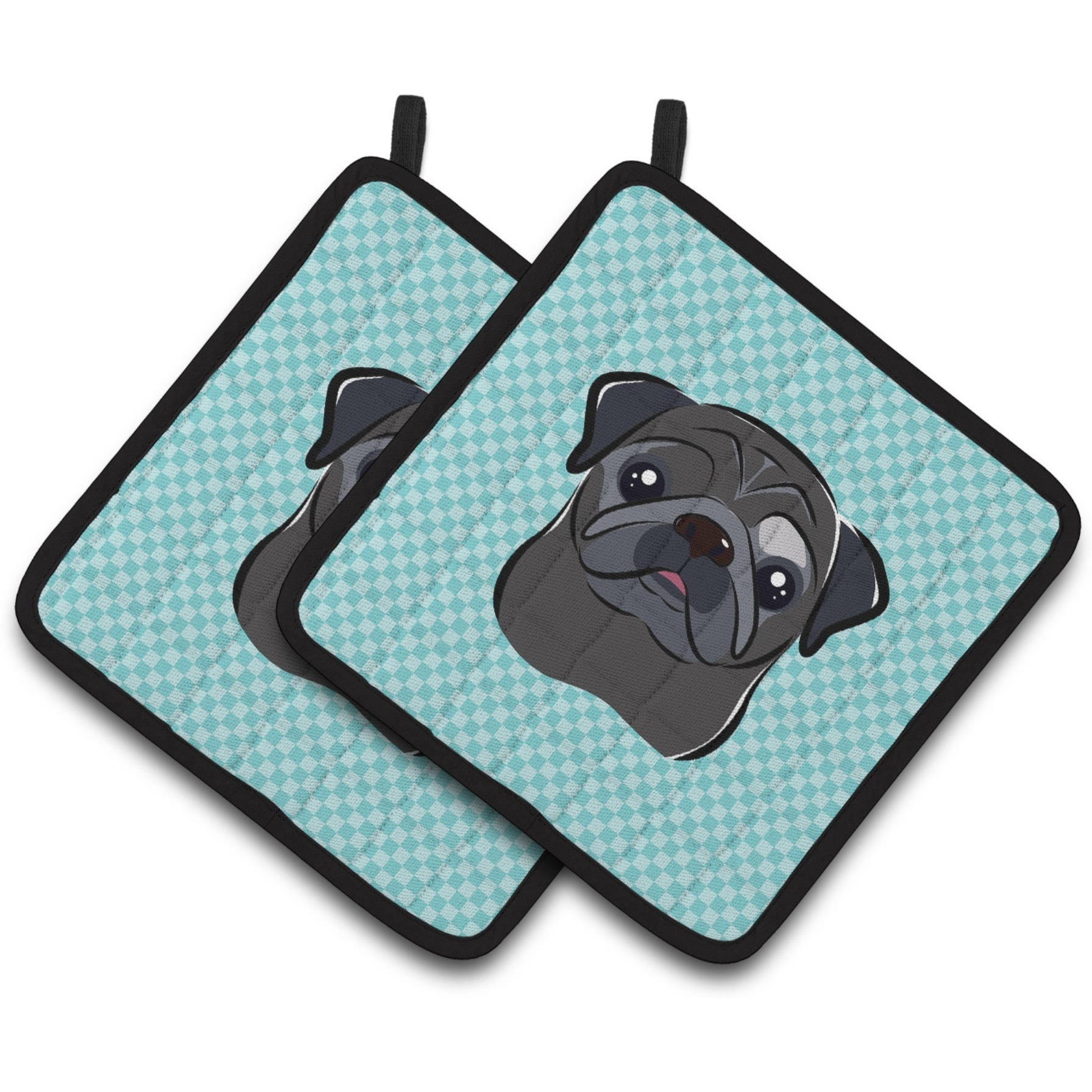 &quotCaroline's Treasures Checkerboard Blue black Pug Pair of Pot Holders BB1201PTHD, 7.5HX7.5W, Multicolor"