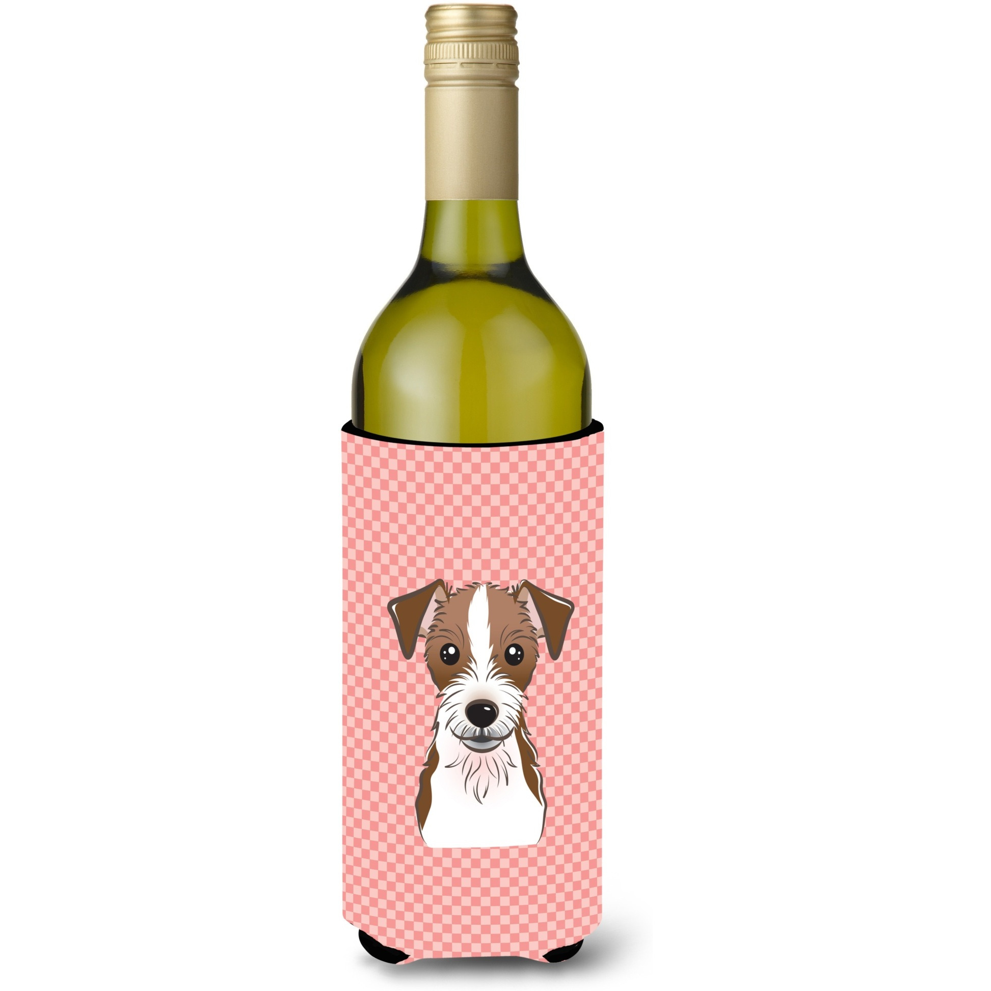 Checkerboard Pink Jack Russell Terrier Wine Bottle Beverage Insulator Hugger BB1202LITERK