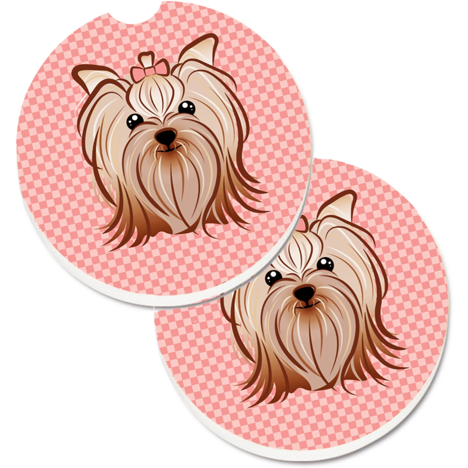 &quotCaroline's Treasures Checkerboard Pink Yorkie Yorkishire Terrier Set of 2 Cup Holder Car Coasters BB1204CARC, 2.56, Multicolor"