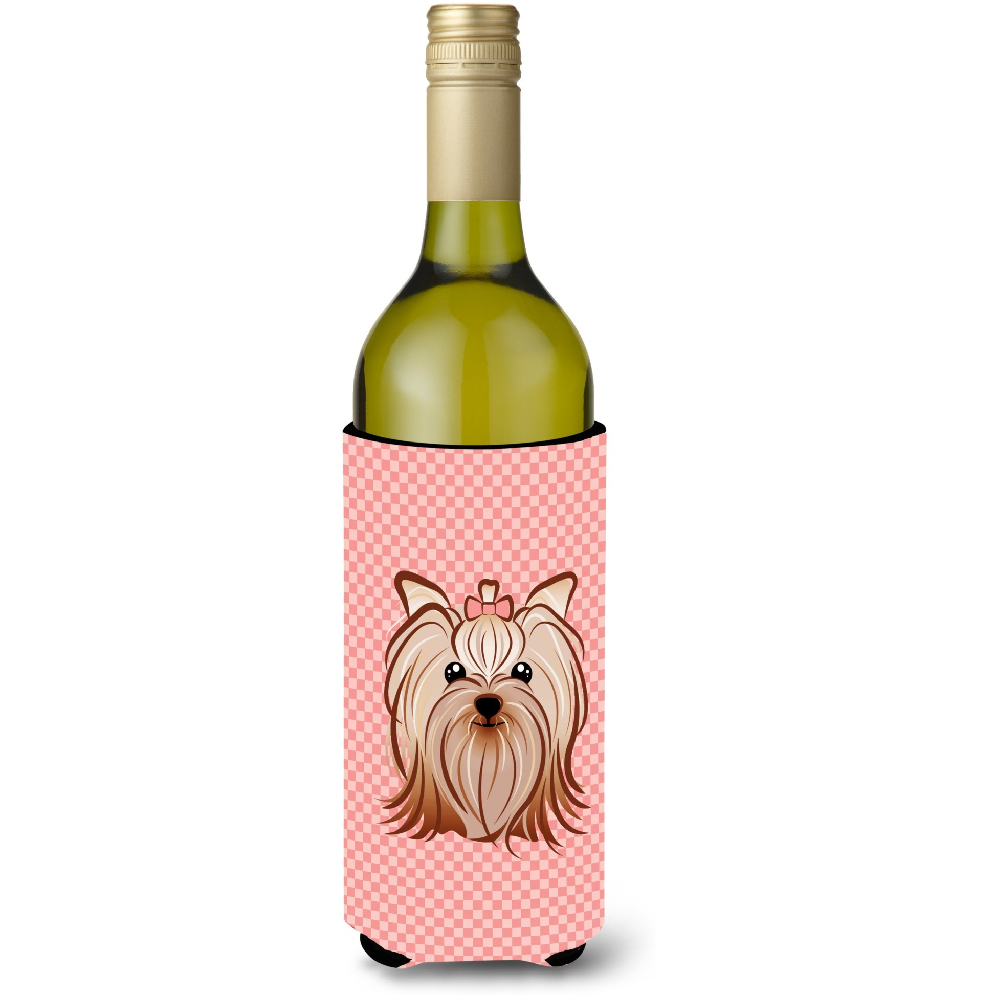 Checkerboard Pink Yorkie Yorkishire Terrier Wine Bottle Beverage Insulator Hugger