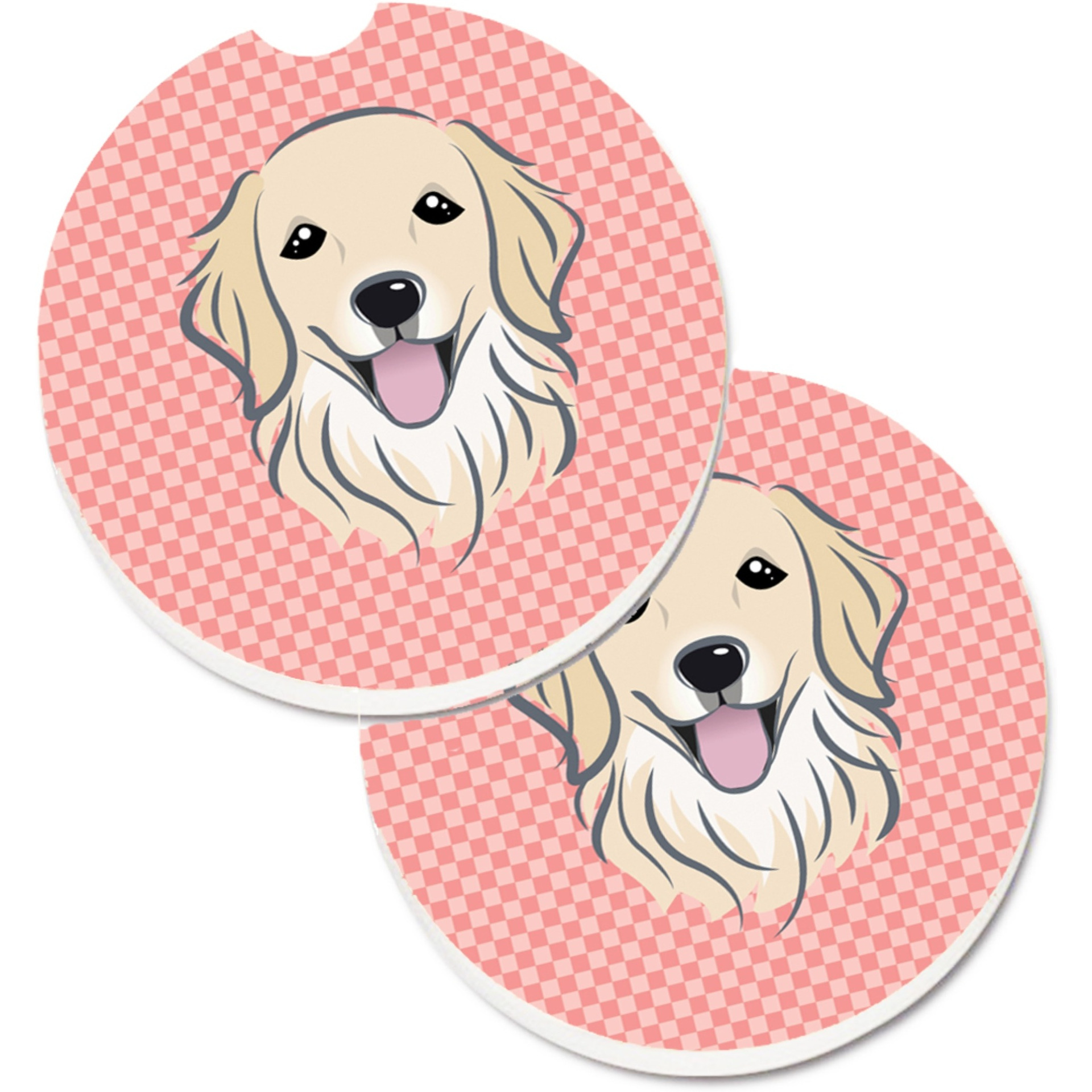 &quotCaroline's Treasures Checkerboard Pink Golden Retriever Set of 2 Cup Holder Car Coasters BB1205CARC, 2.56, Multicolor"