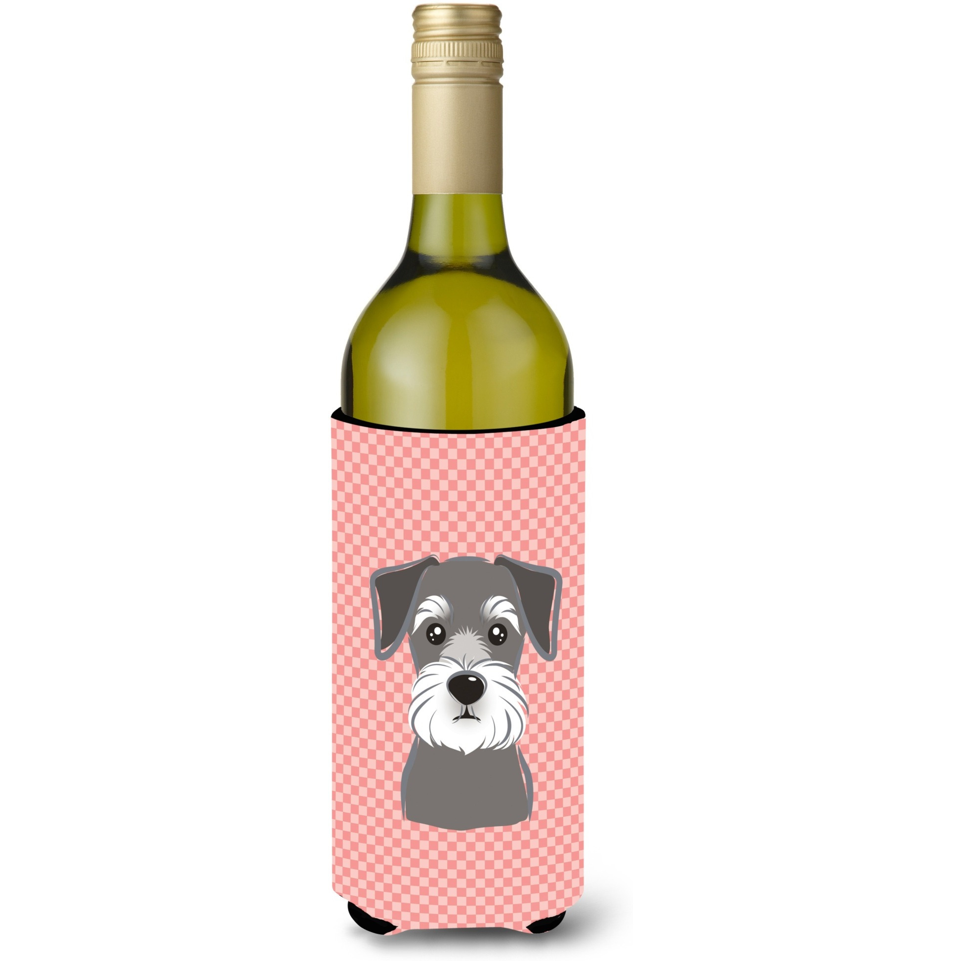 Checkerboard Pink Schnauzer Wine Bottle Beverage Insulator Hugger BB1206LITERK