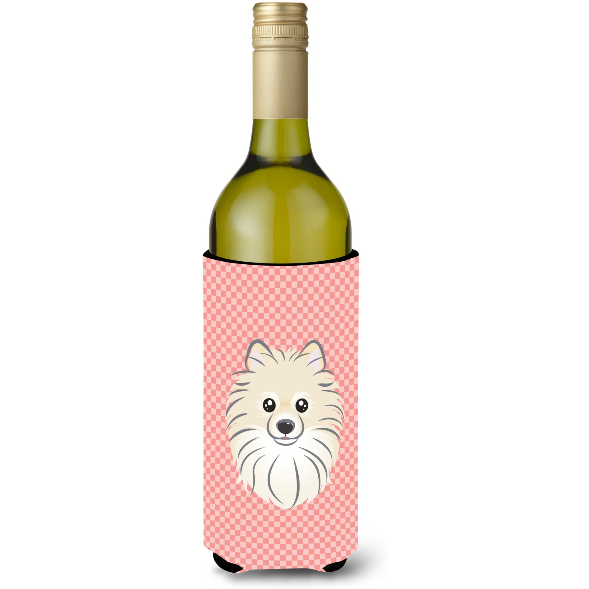 Checkerboard Pink Pomeranian Wine Bottle Beverage Insulator Hugger BB1207LITERK