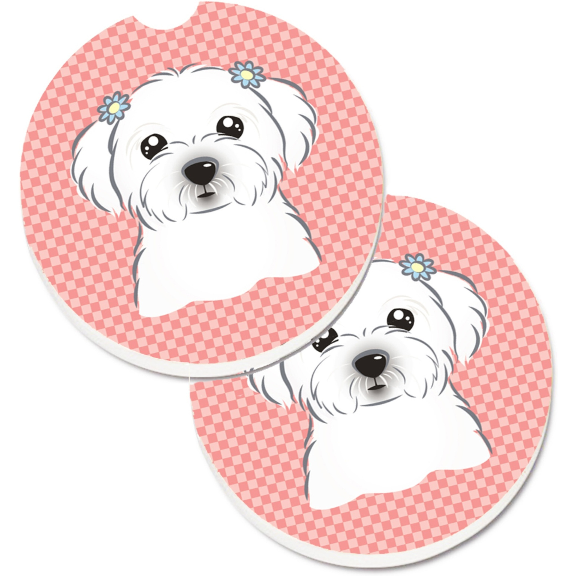 &quotCaroline's Treasures Checkerboard Pink Maltese Set of 2 Cup Holder Car Coasters BB1208CARC, 2.56, Multicolor"