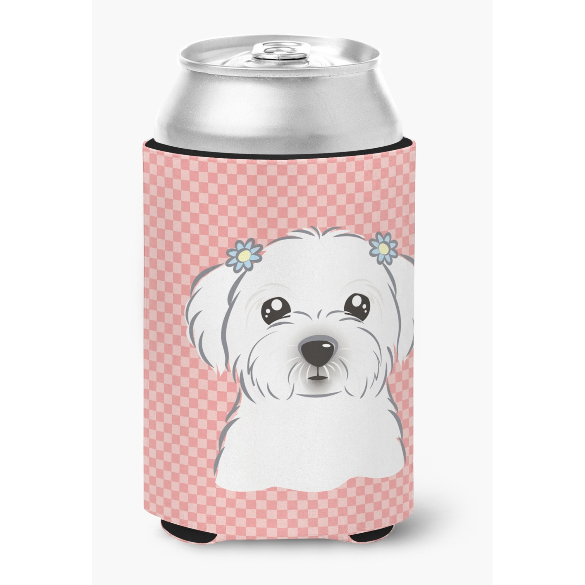 Checkerboard Pink Maltese Can or Bottle Hugger BB1208CC