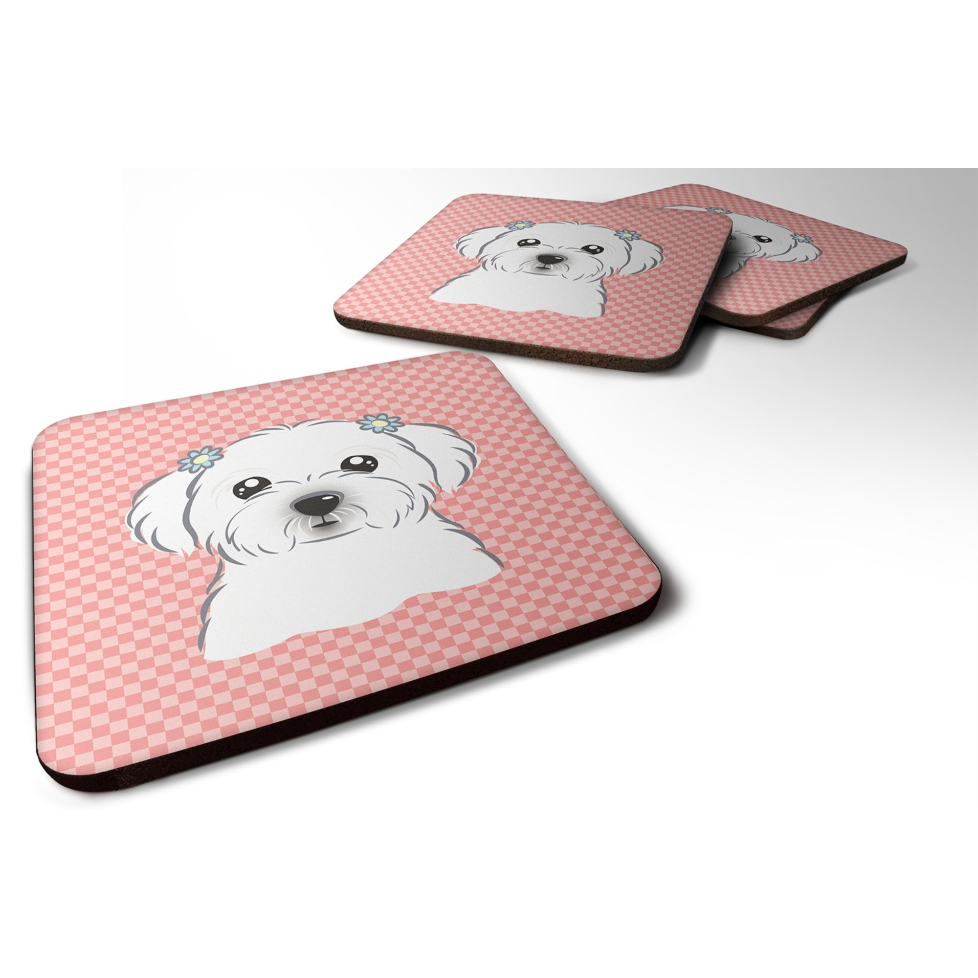 &quotCaroline's Treasures BB1208FC Checkerboard Pink Maltese Foam Coaster (Set of 4), 3.5"" H x 3.5"" W, Multicolor"