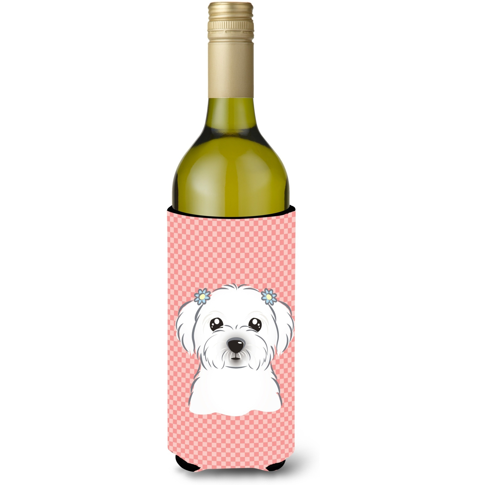 Checkerboard Pink Maltese Wine Bottle Beverage Insulator Hugger BB1208LITERK