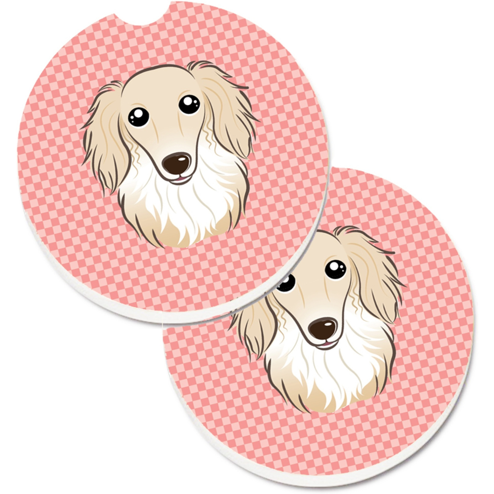 &quotCaroline's Treasures Checkerboard Pink Longhair Creme Dachshund Set of 2 Cup Holder Car Coasters BB1212CARC, 2.56, Multicolor"