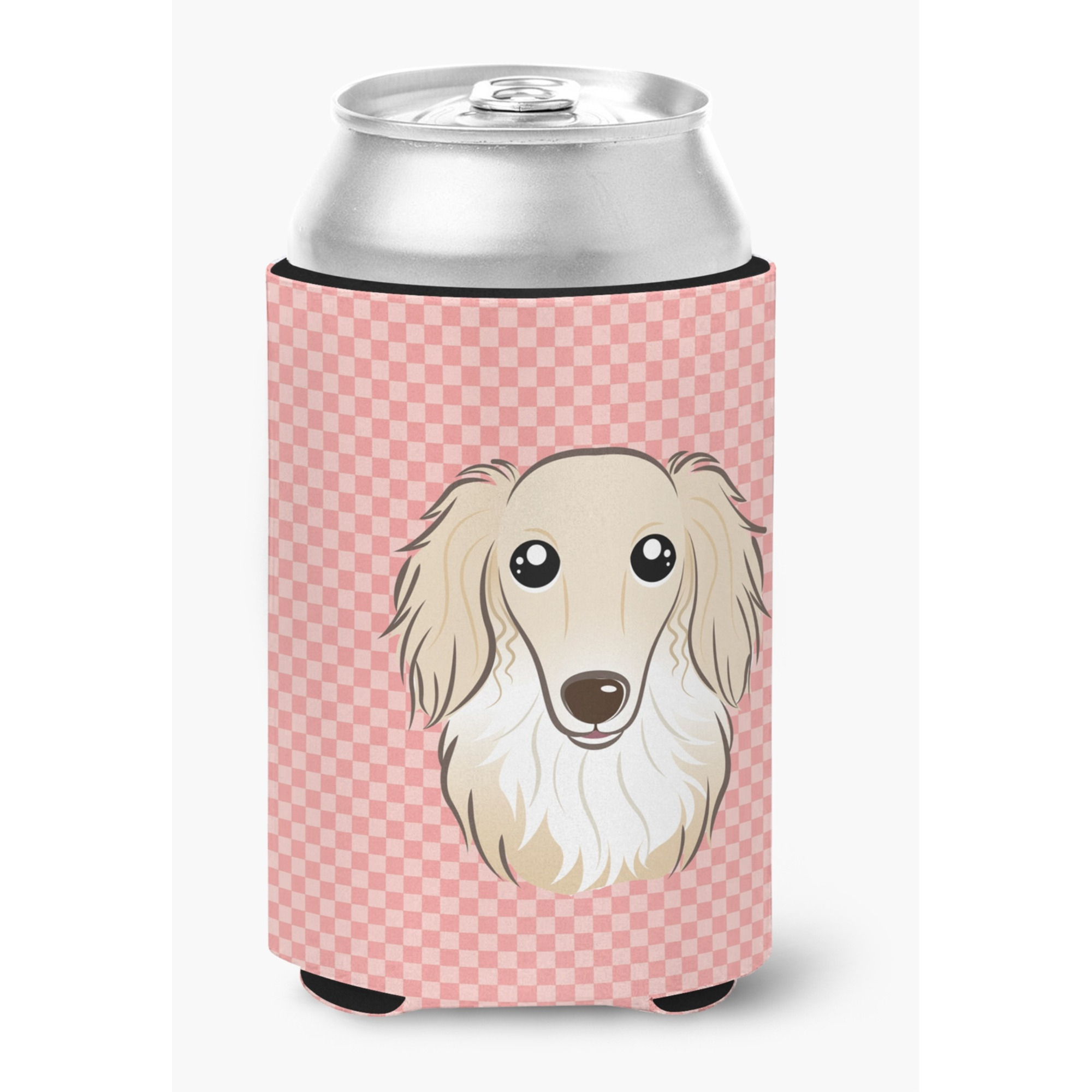 Checkerboard Pink Longhair Creme Dachshund Can or Bottle Hugger BB1212CC