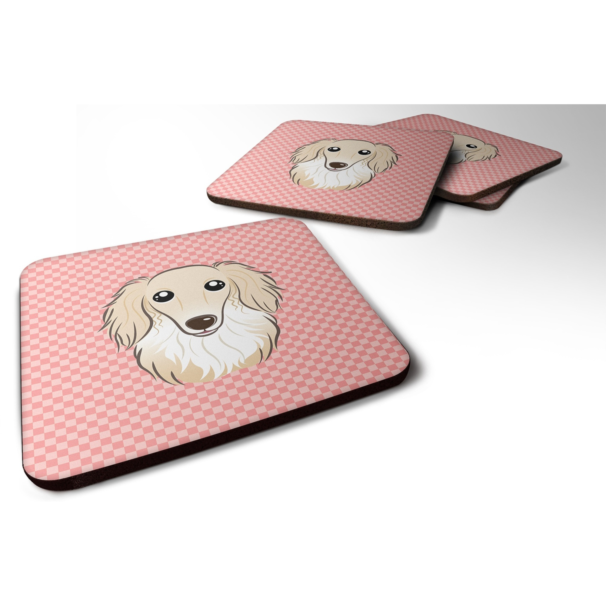 &quotCaroline's Treasures BB1212FC Checkerboard Pink Longhair Creme Dachshund Foam Coaster (Set of 4), 3.5"" H x 3.5"" W, Multicolor"