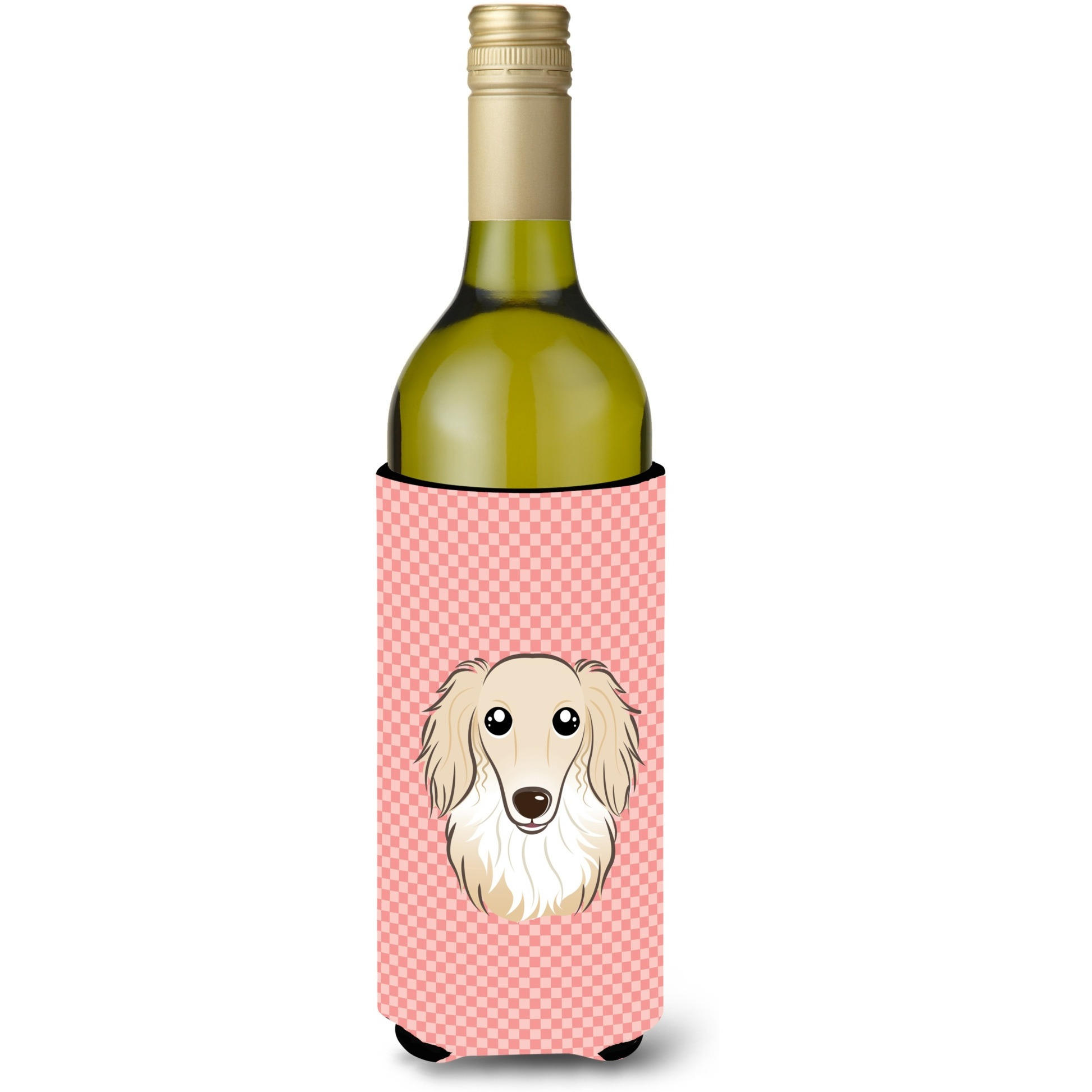 Checkerboard Pink Longhair Creme Dachshund Wine Bottle Beverage Insulator Hugger