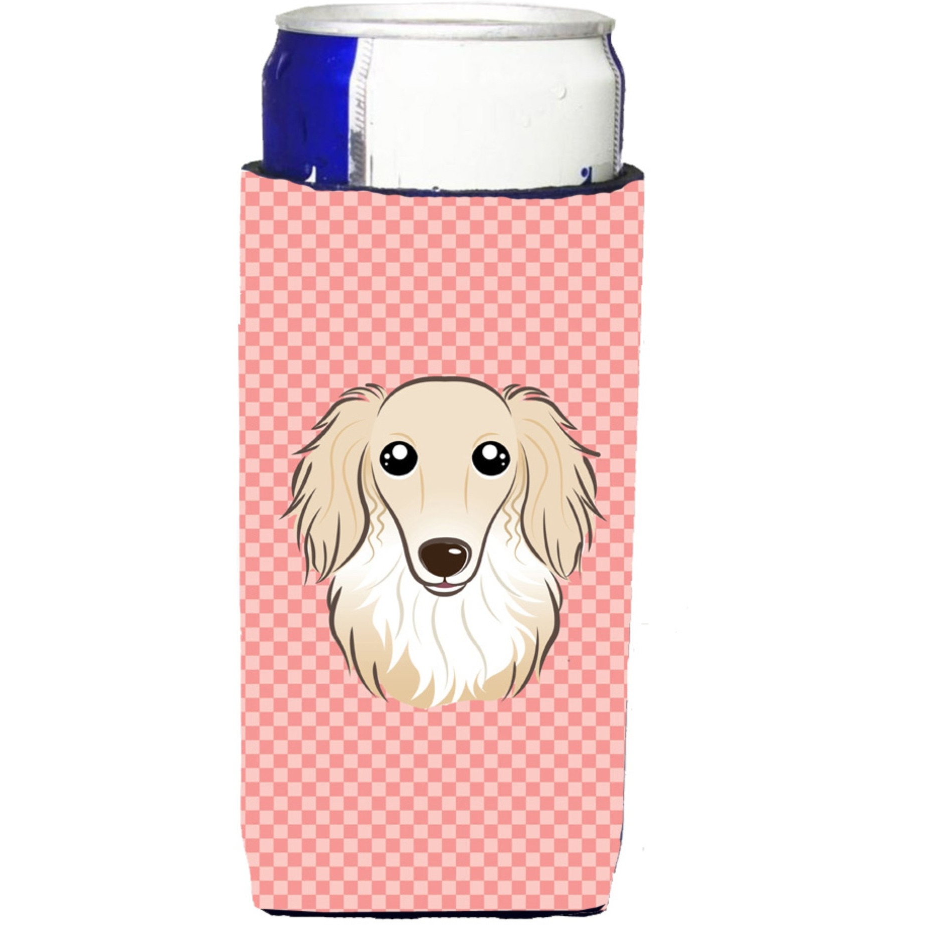 Checkerboard Pink Longhair Creme Dachshund Ultra Beverage Insulators for slim cans