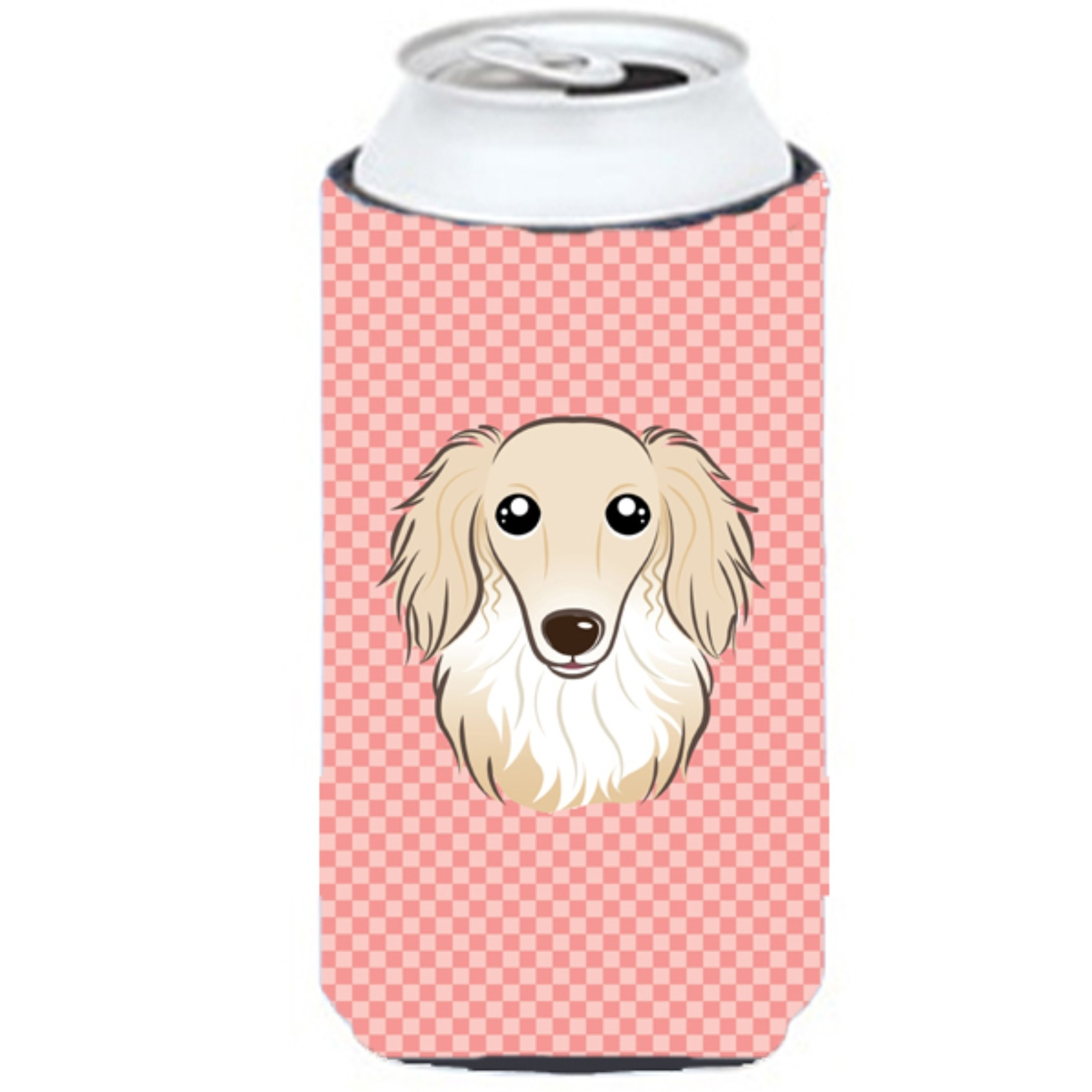 Checkerboard Pink Longhair Creme Dachshund Tall Boy Beverage Insulator Hugger BB1212TBC