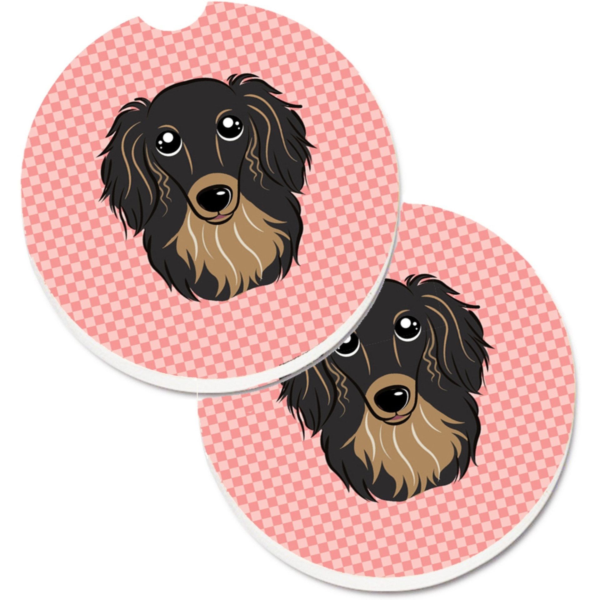 &quotCaroline's Treasures Checkerboard Pink Longhair black & Tan Dachshund Set of 2 Cup Holder Car Coasters BB1213CARC, 2.56, Multicolor"