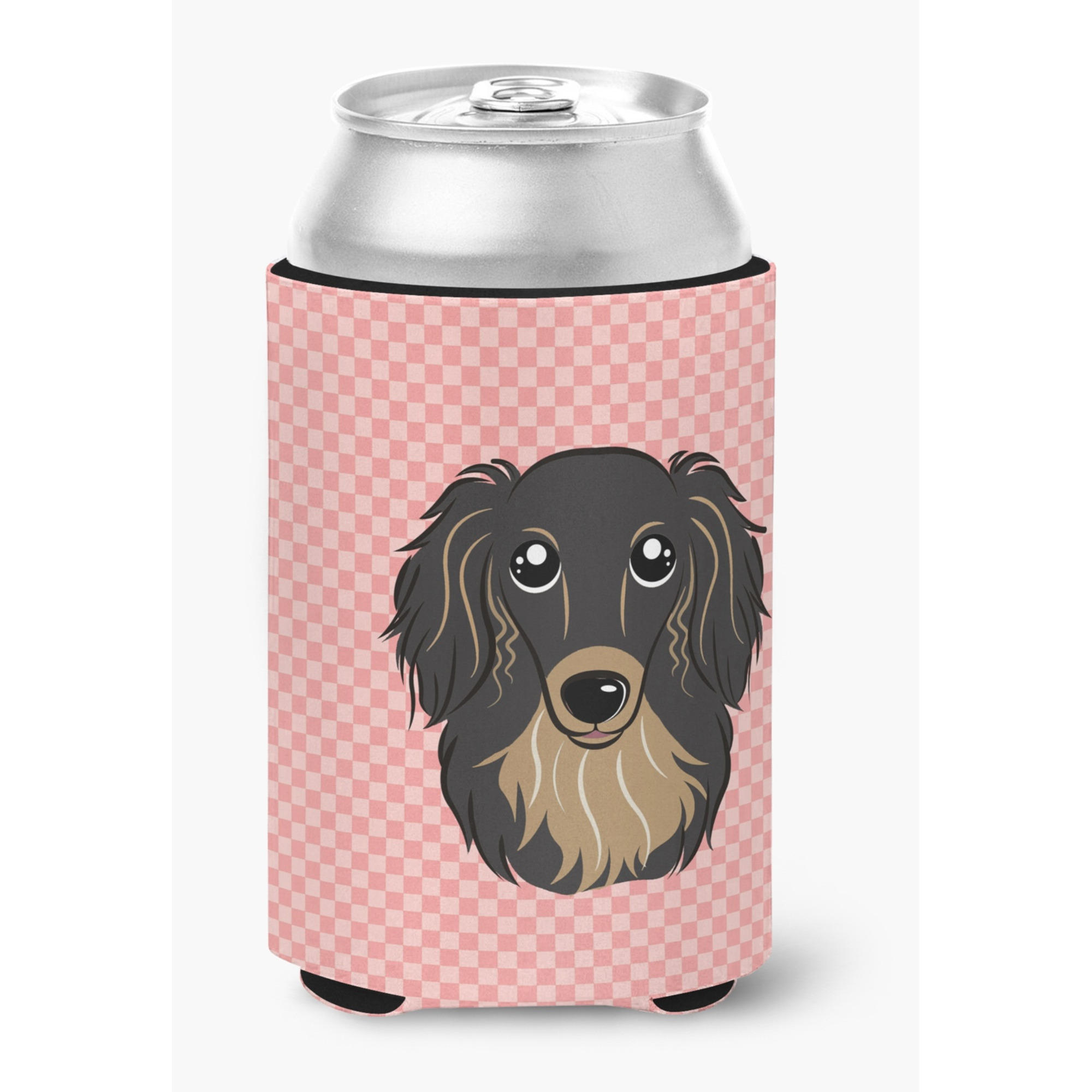 Checkerboard Pink Longhair Black and Tan Dachshund Can or Bottle Hugger BB1213CC
