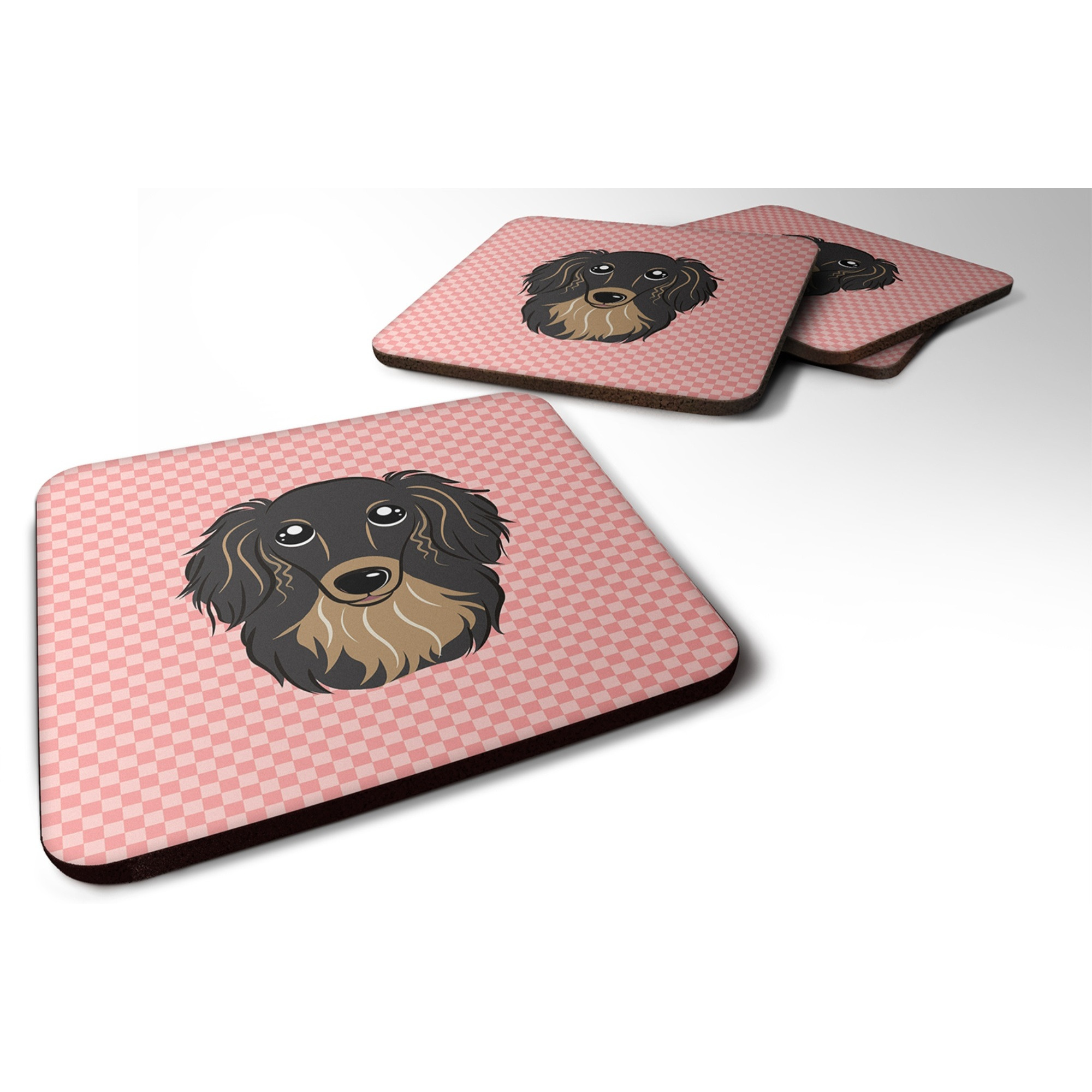 &quotCaroline's Treasures BB1213FC Checkerboard Pink Longhair Black and Tan Dachshund Foam Coaster (Set of 4), 3.5"" H x 3.5"" W, Multicolor"
