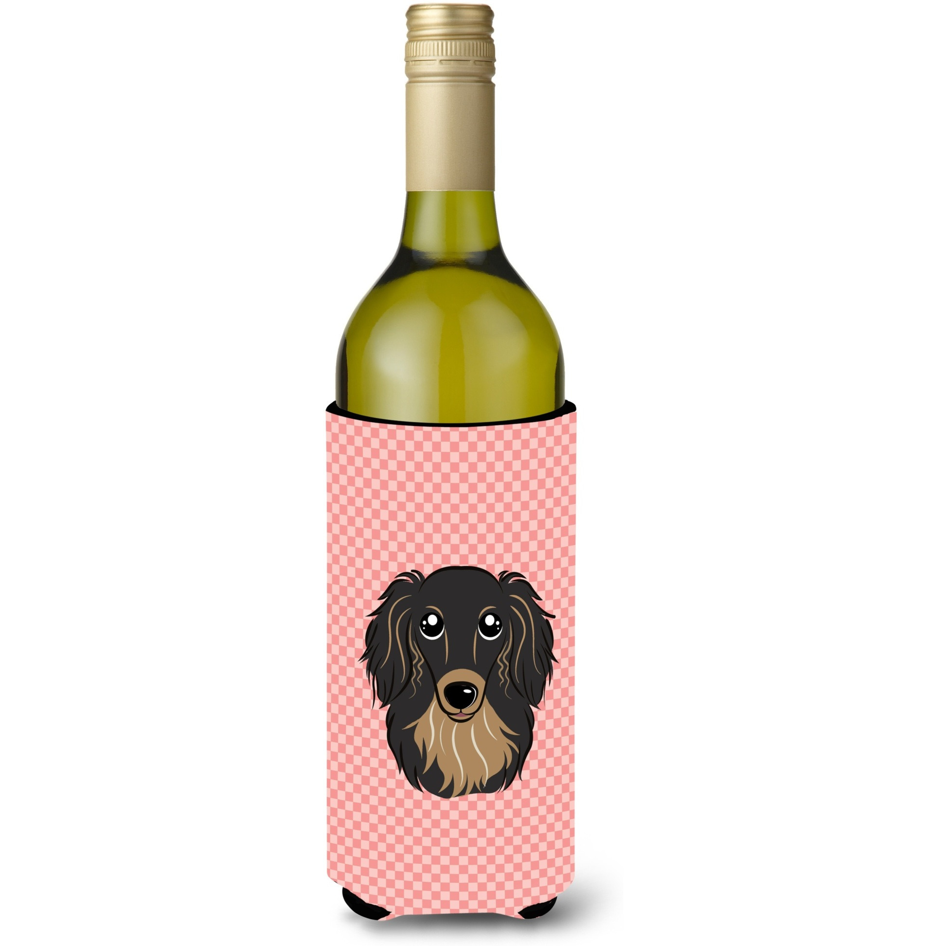 Checkerboard Pink Longhair Black and Tan Dachshund Wine Bottle Beverage Insulator Hugger