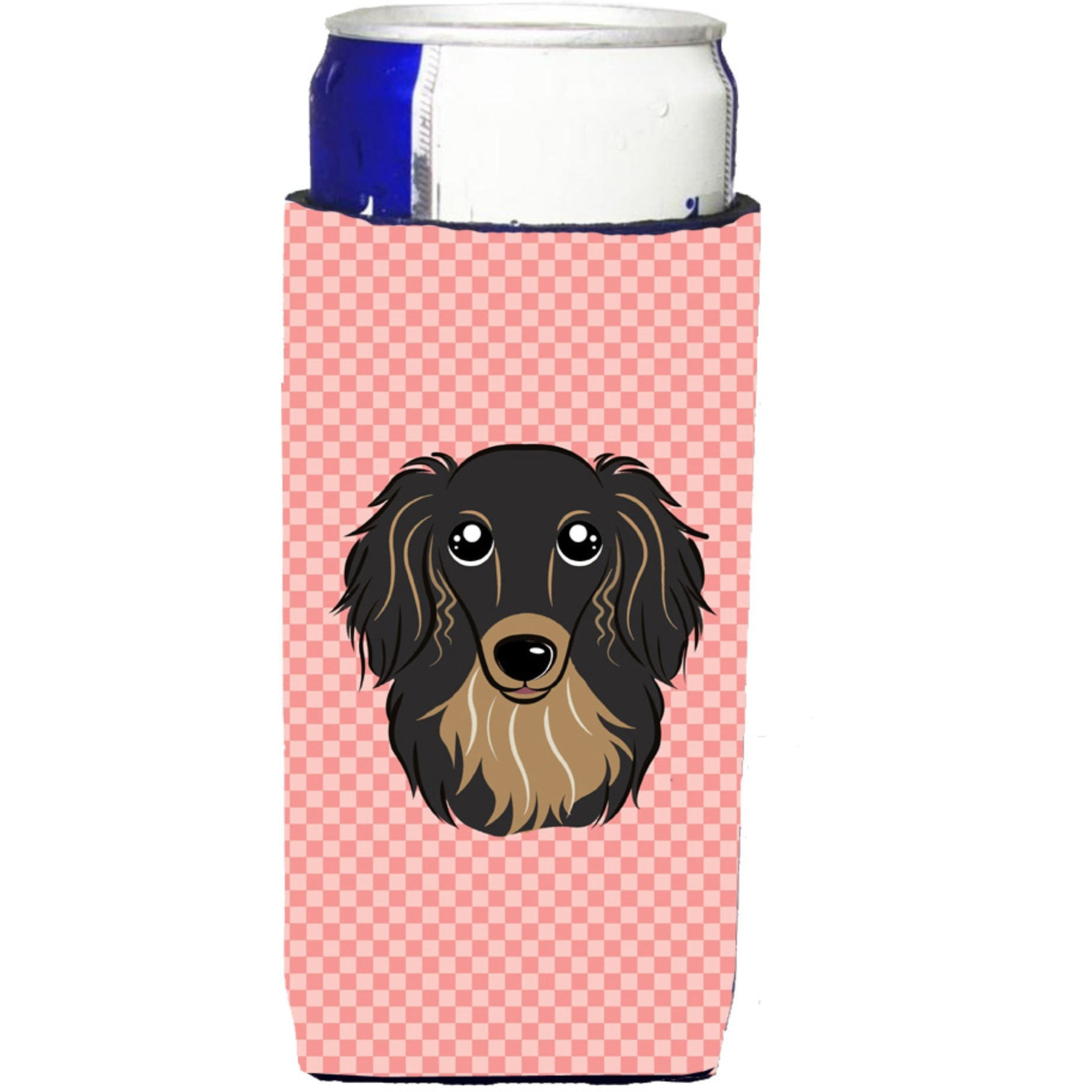 Checkerboard Pink Longhair  Dachshund Ultra Beverage Insulators for slim cans