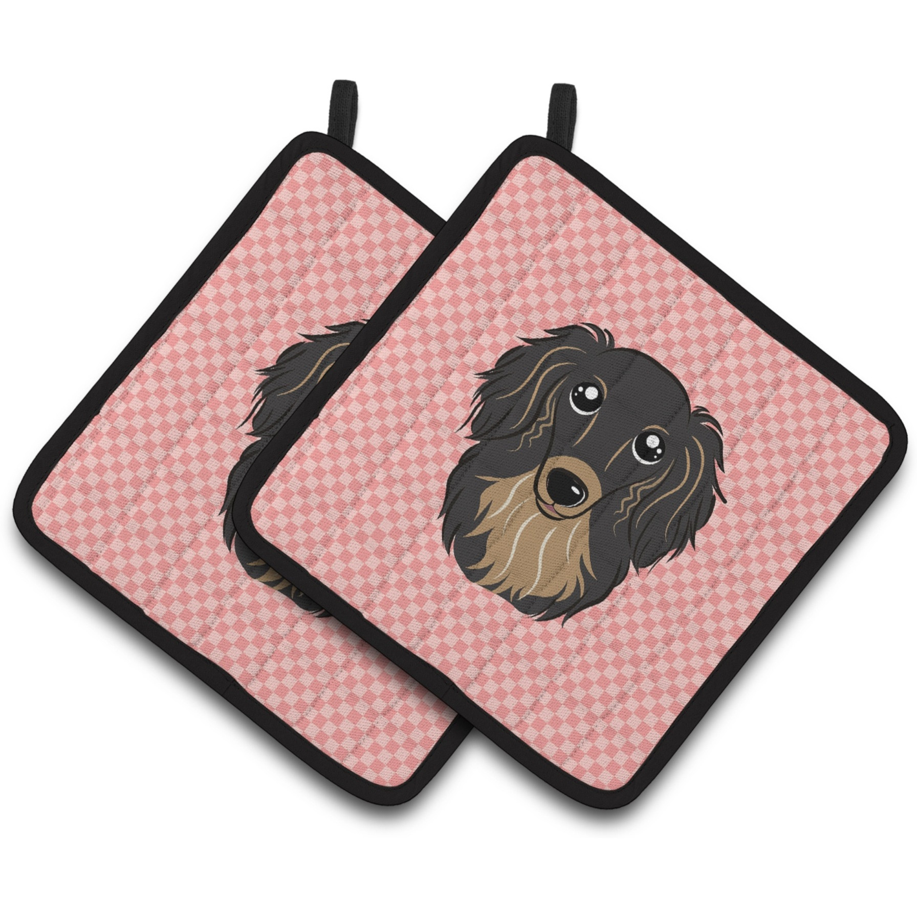 &quotCaroline's Treasures Checkerboard Pink Longhair black & Tan Dachshund Pair of Pot Holders BB1213PTHD, 7.5HX7.5W, Multicolor"