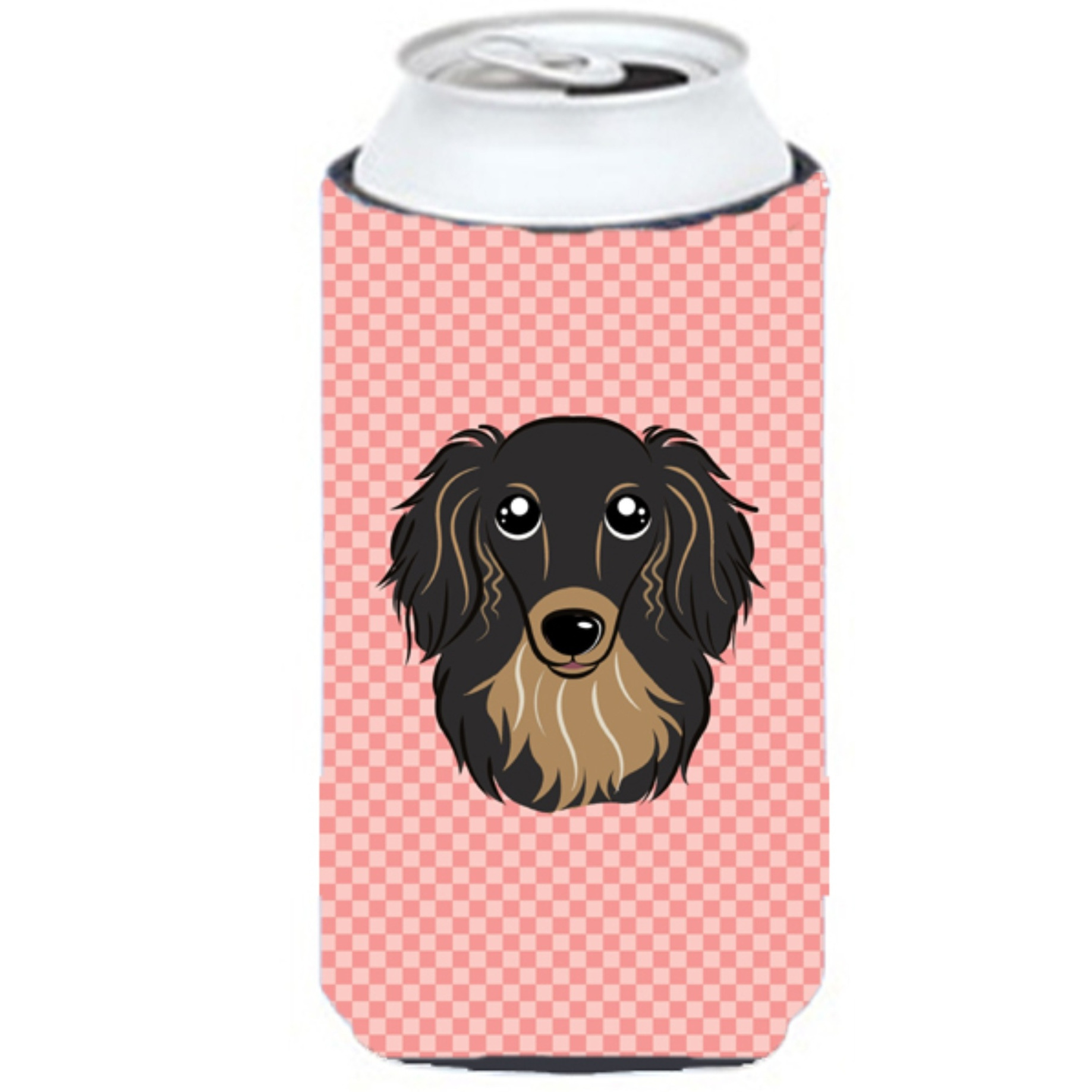 Checkerboard Pink Longhair Black and Tan Dachshund Tall Boy Beverage Insulator Hugger