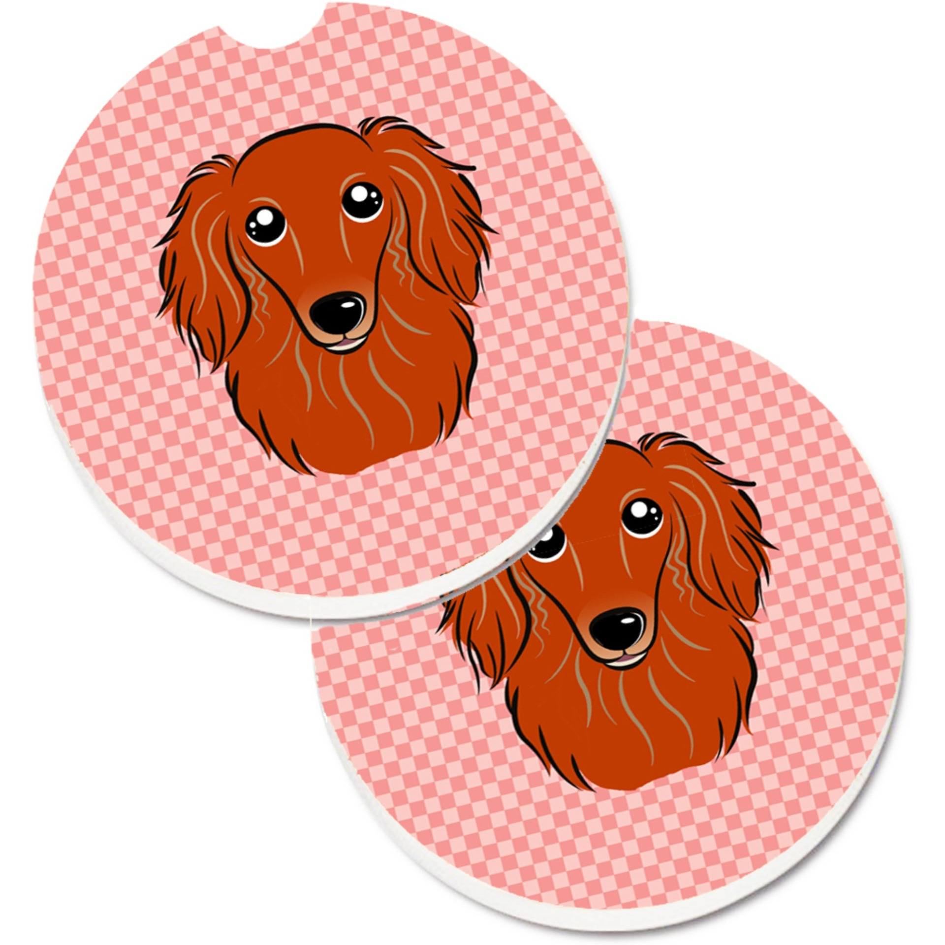 &quotCaroline's Treasures Checkerboard Pink Longhair Red Dachshund Set of 2 Cup Holder Car Coasters BB1214CARC, 2.56, Multicolor"