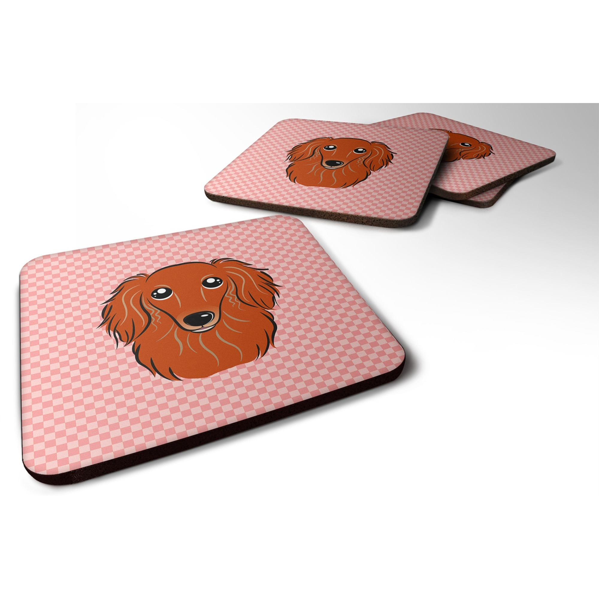 &quotCaroline's Treasures BB1214FC Checkerboard Pink Longhair Red Dachshund Foam Coaster (Set of 4), 3.5"" H x 3.5"" W, Multicolor"