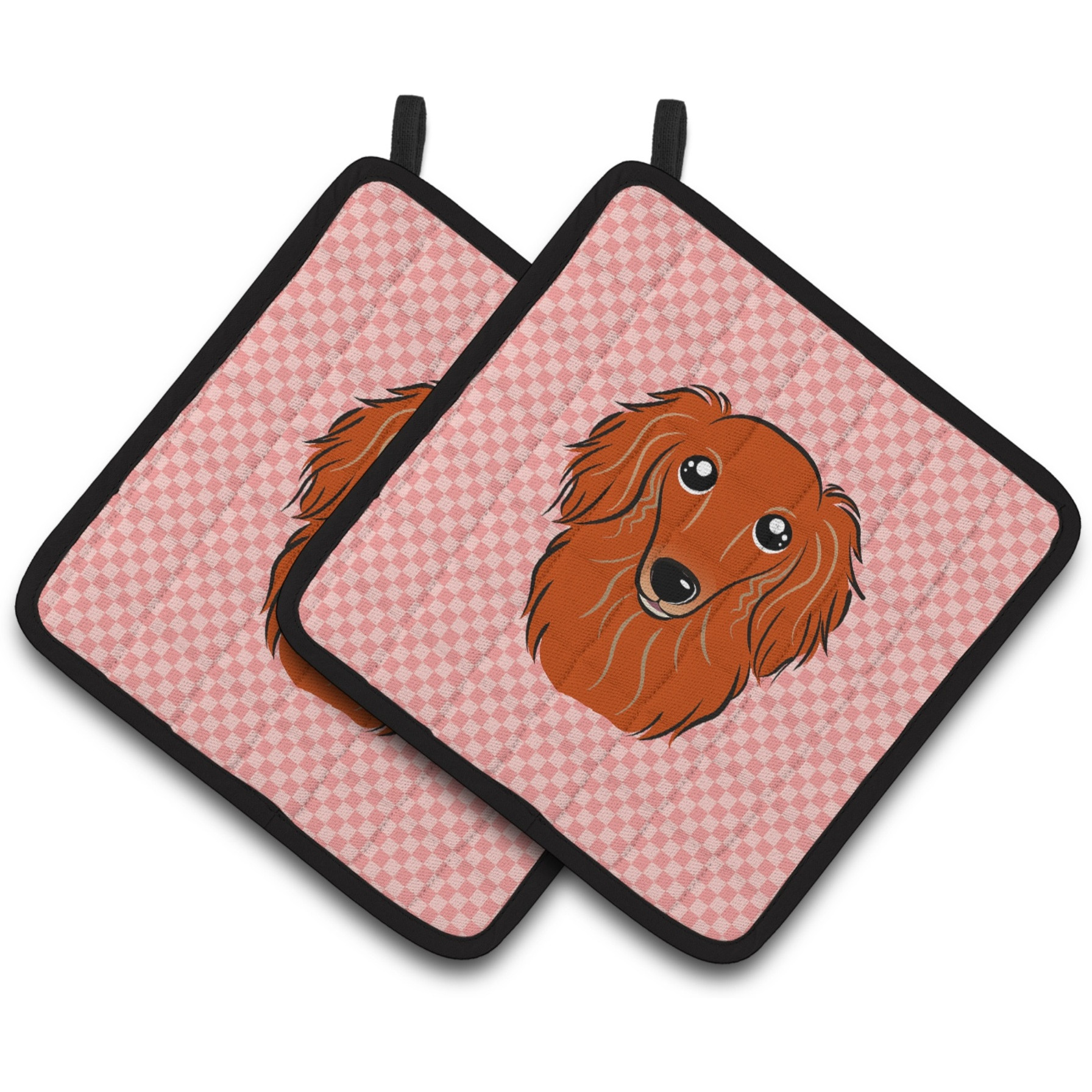 &quotCaroline's Treasures Checkerboard Pink Longhair Red Dachshund Pair of Pot Holders BB1214PTHD, 7.5HX7.5W, Multicolor"