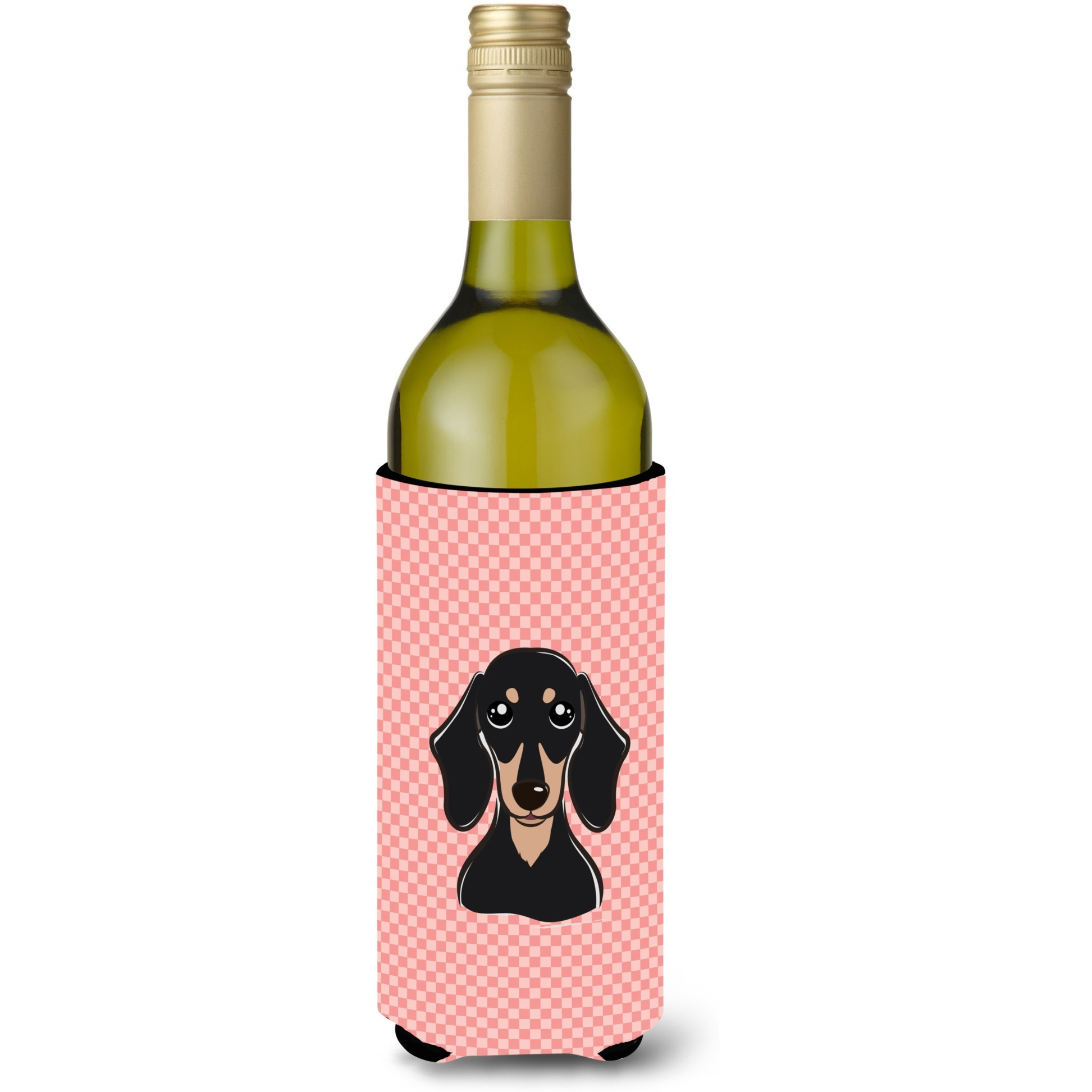 Checkerboard Pink Smooth Black and Tan Dachshund Wine Bottle Beverage Insulator Hugger