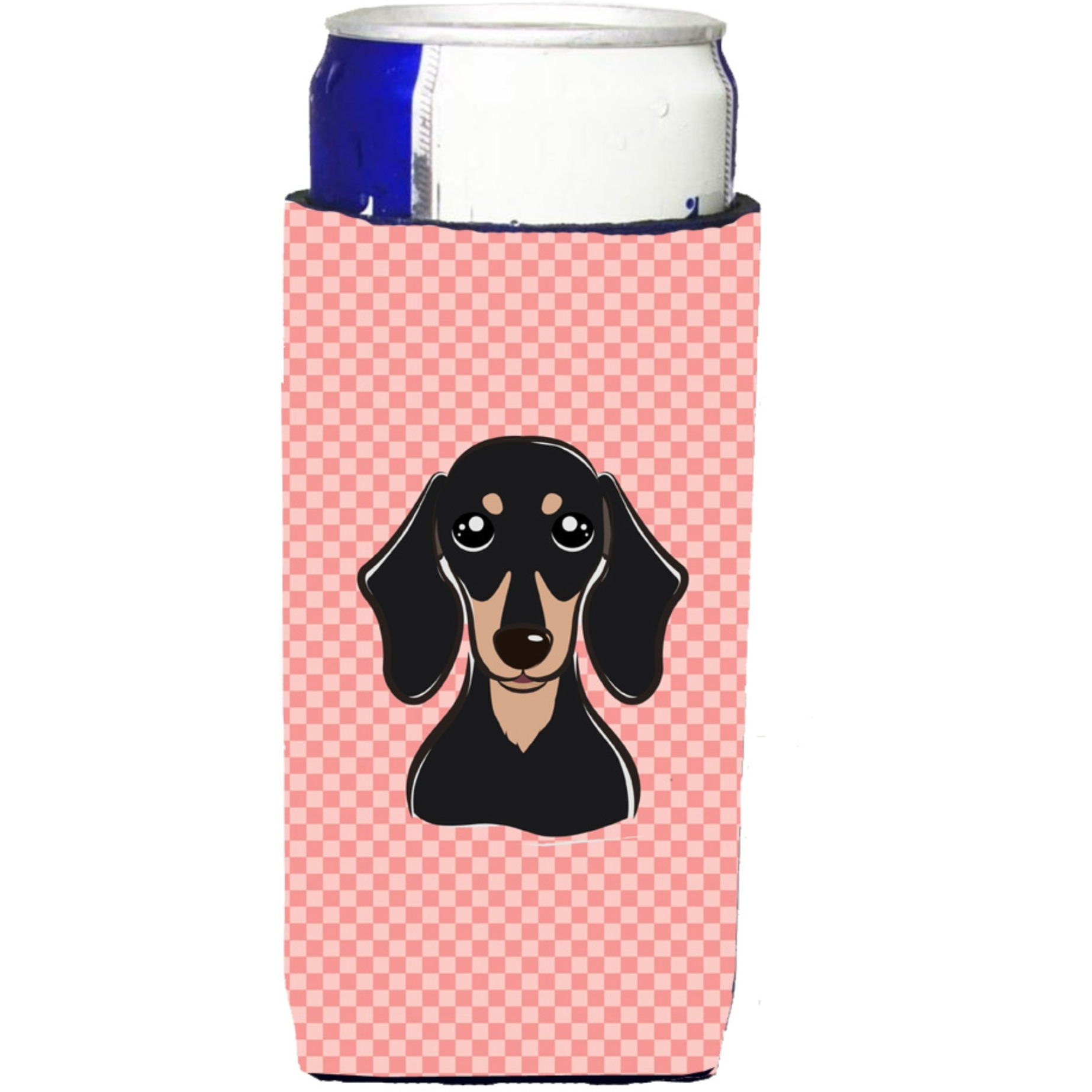 Checkerboard Pink Black Tan Dachshund Ultra Beverage Insulators for slim cans