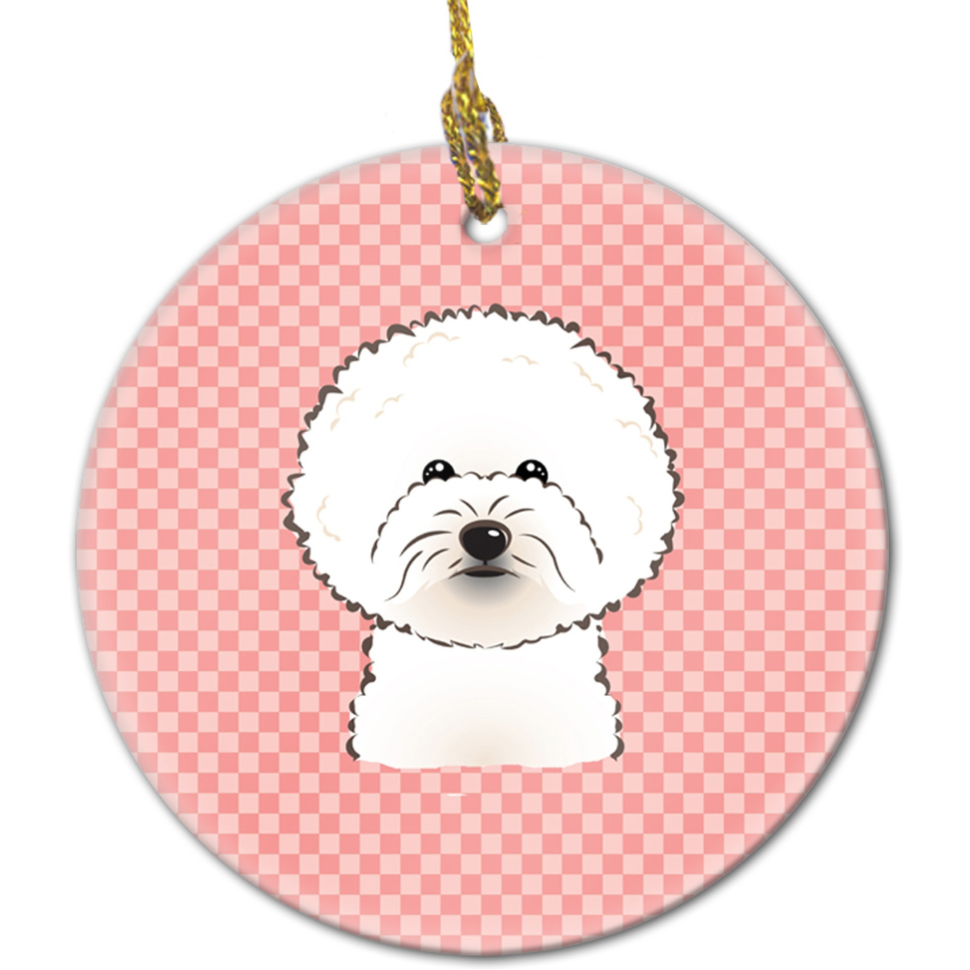 Checkerboard Pink Bichon Frise Ceramic Ornament BB1217CO1