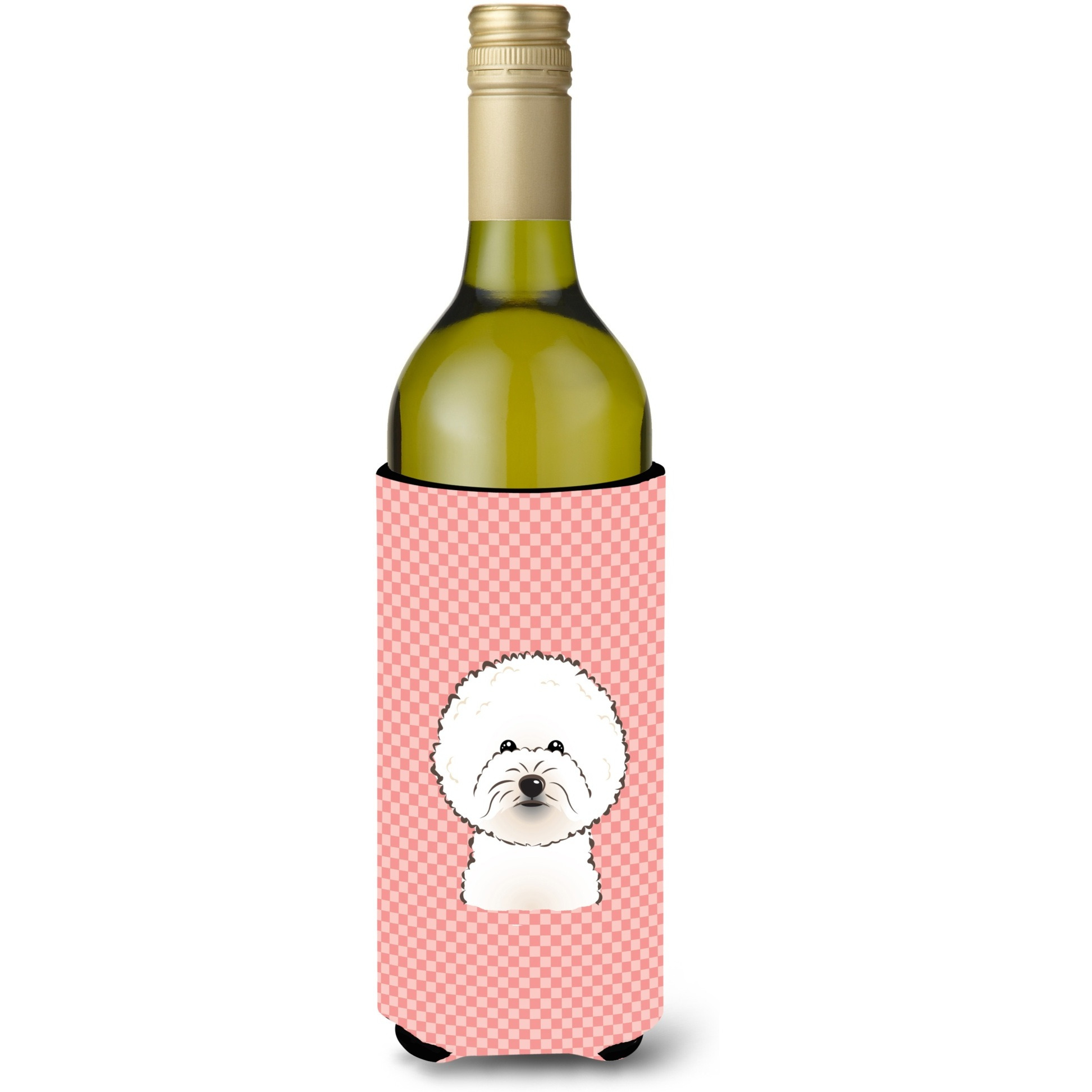 Checkerboard Pink Bichon Frise Wine Bottle Beverage Insulator Hugger BB1217LITERK