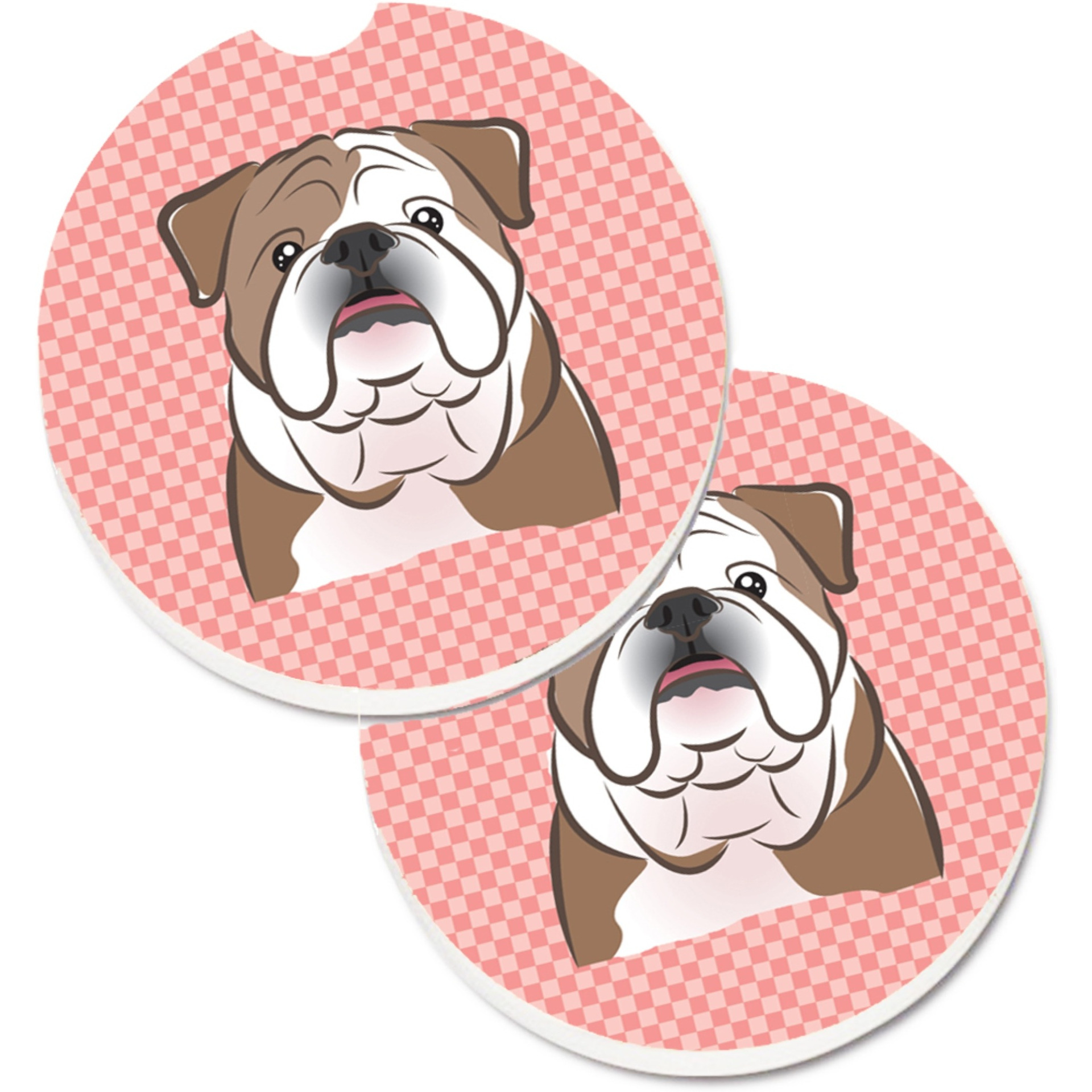 &quotCaroline's Treasures Checkerboard Pink English Bulldog Set of 2 Cup Holder Car Coasters BB1219CARC, 2.56, Multicolor"