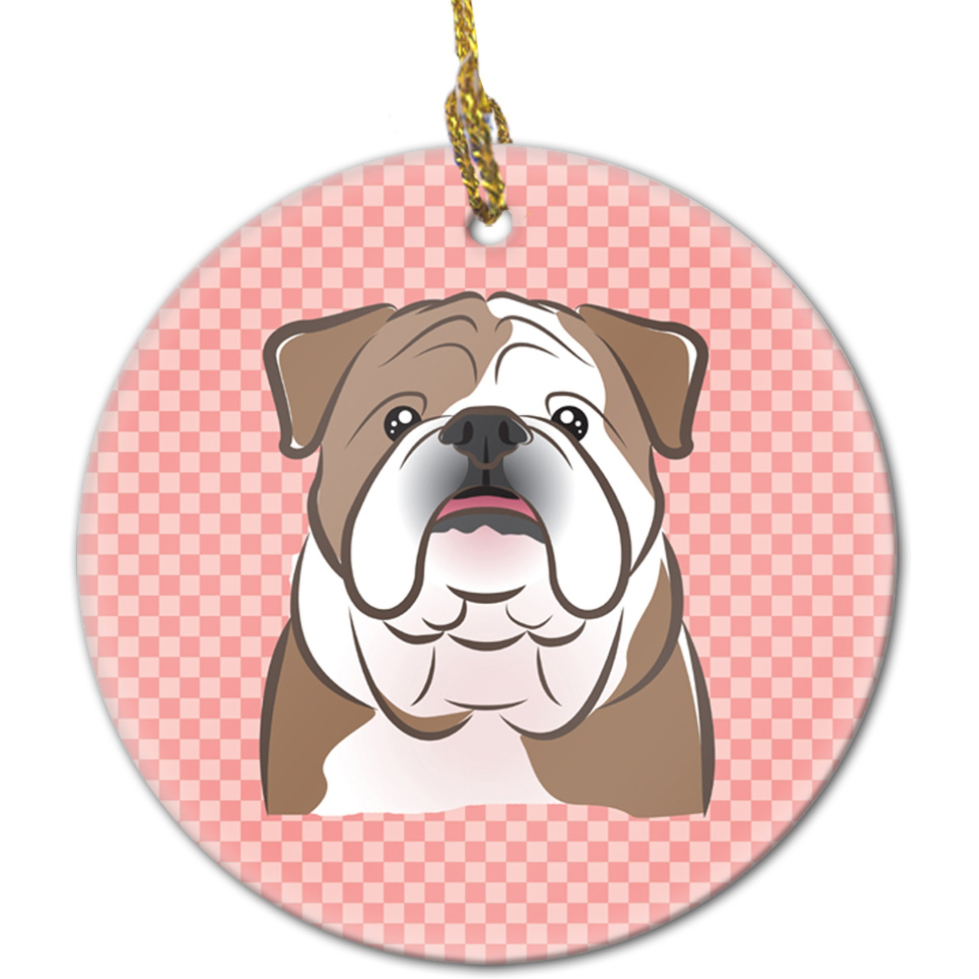 Checkerboard Pink English Bulldog Ceramic Ornament BB1219CO1
