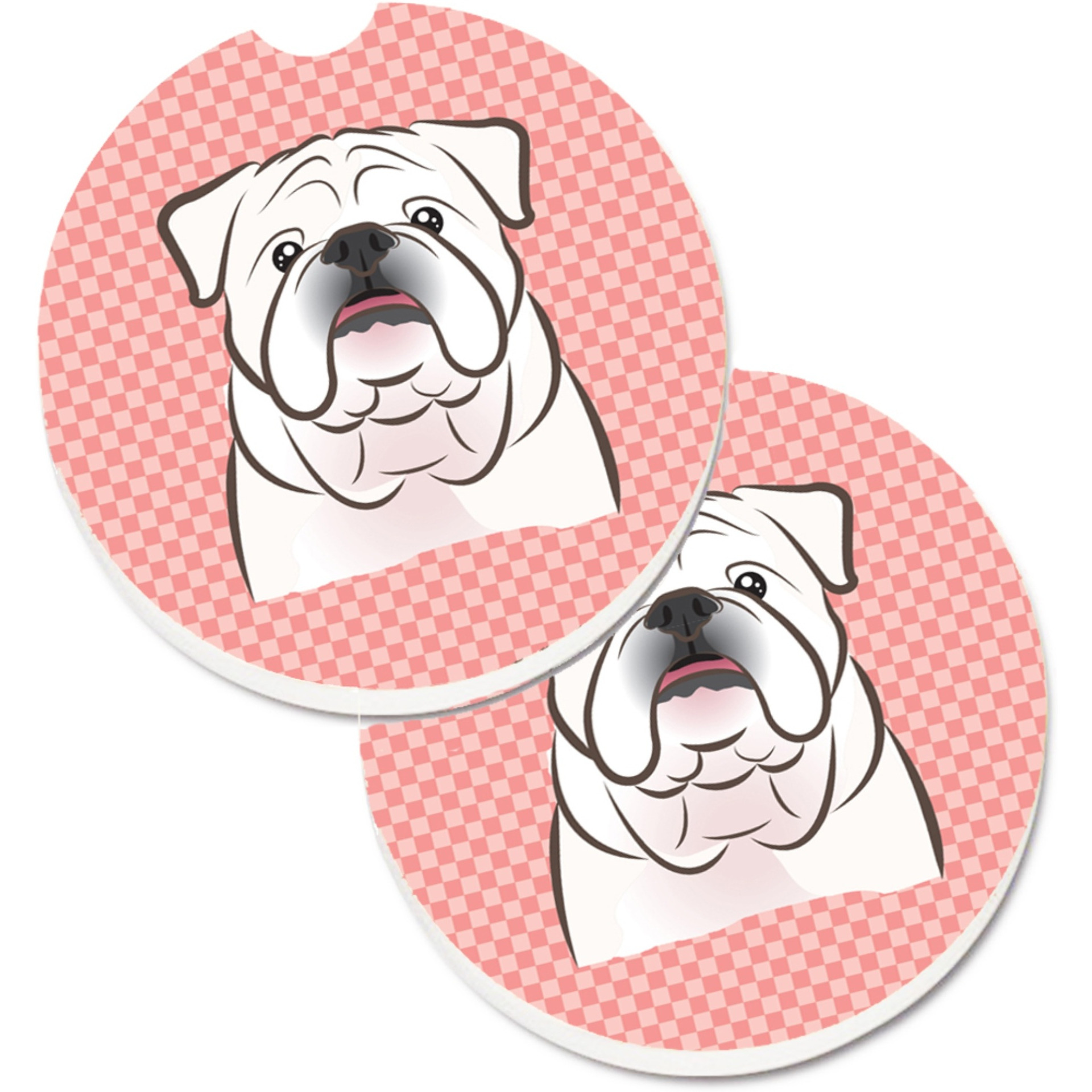 &quotCaroline's Treasures Checkerboard Pink White English Bulldog Set of 2 Cup Holder Car Coasters BB1220CARC, 2.56, Multicolor"