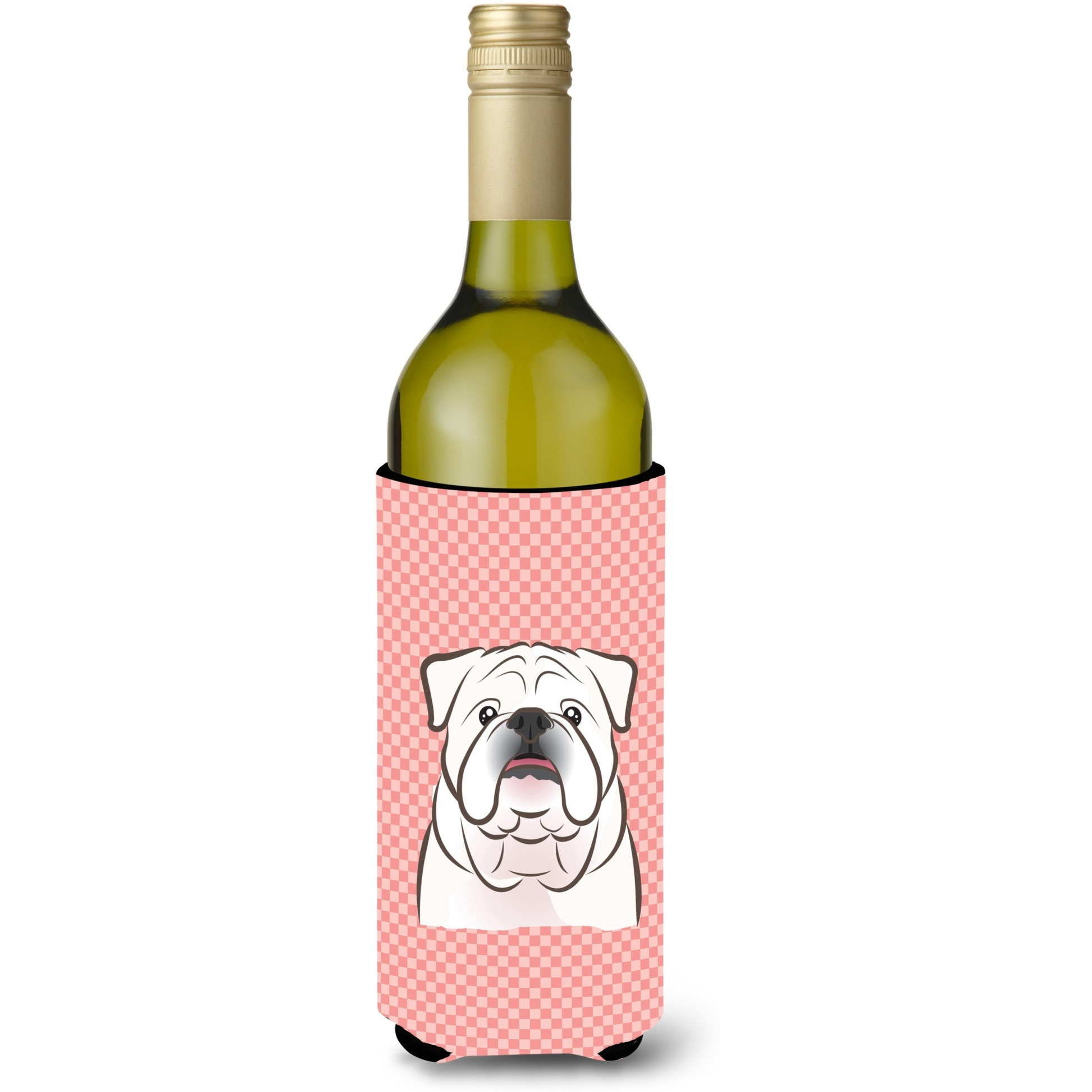 Checkerboard Pink White English Bulldog  Wine Bottle Beverage Insulator Hugger BB1220LITERK