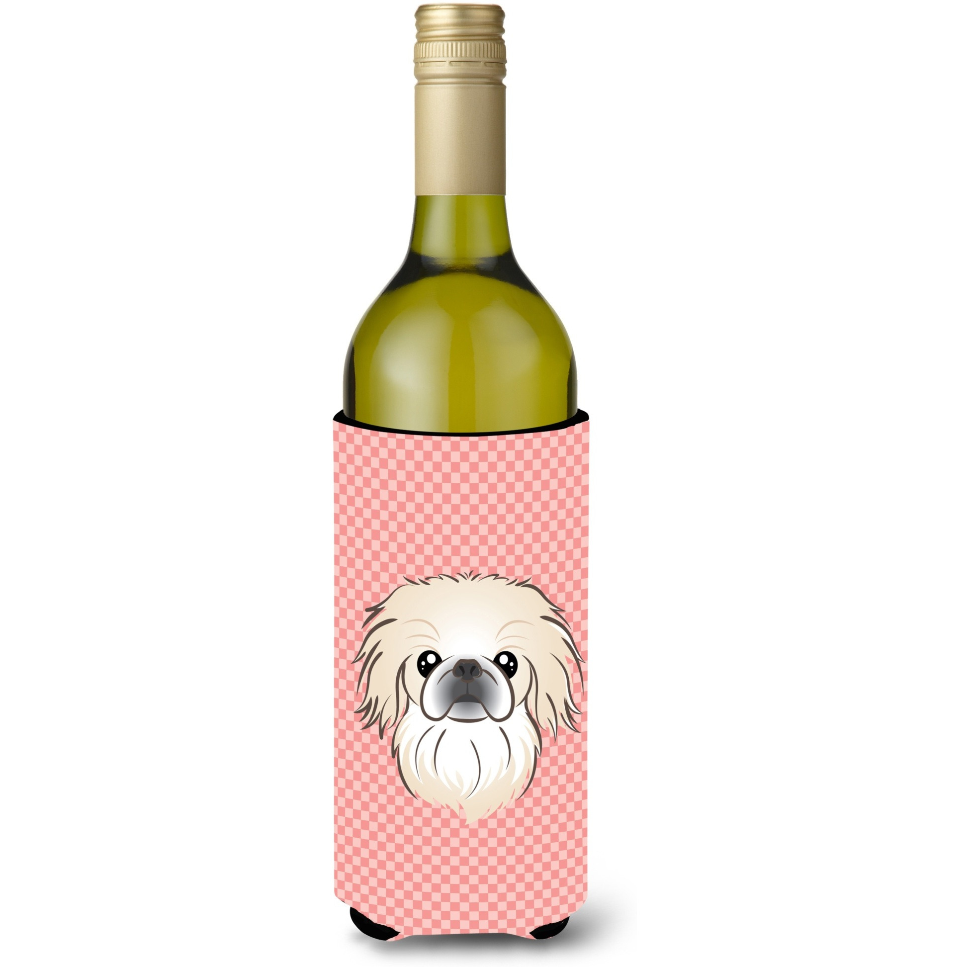 Checkerboard Pink Pekingese Wine Bottle Beverage Insulator Hugger BB1221LITERK