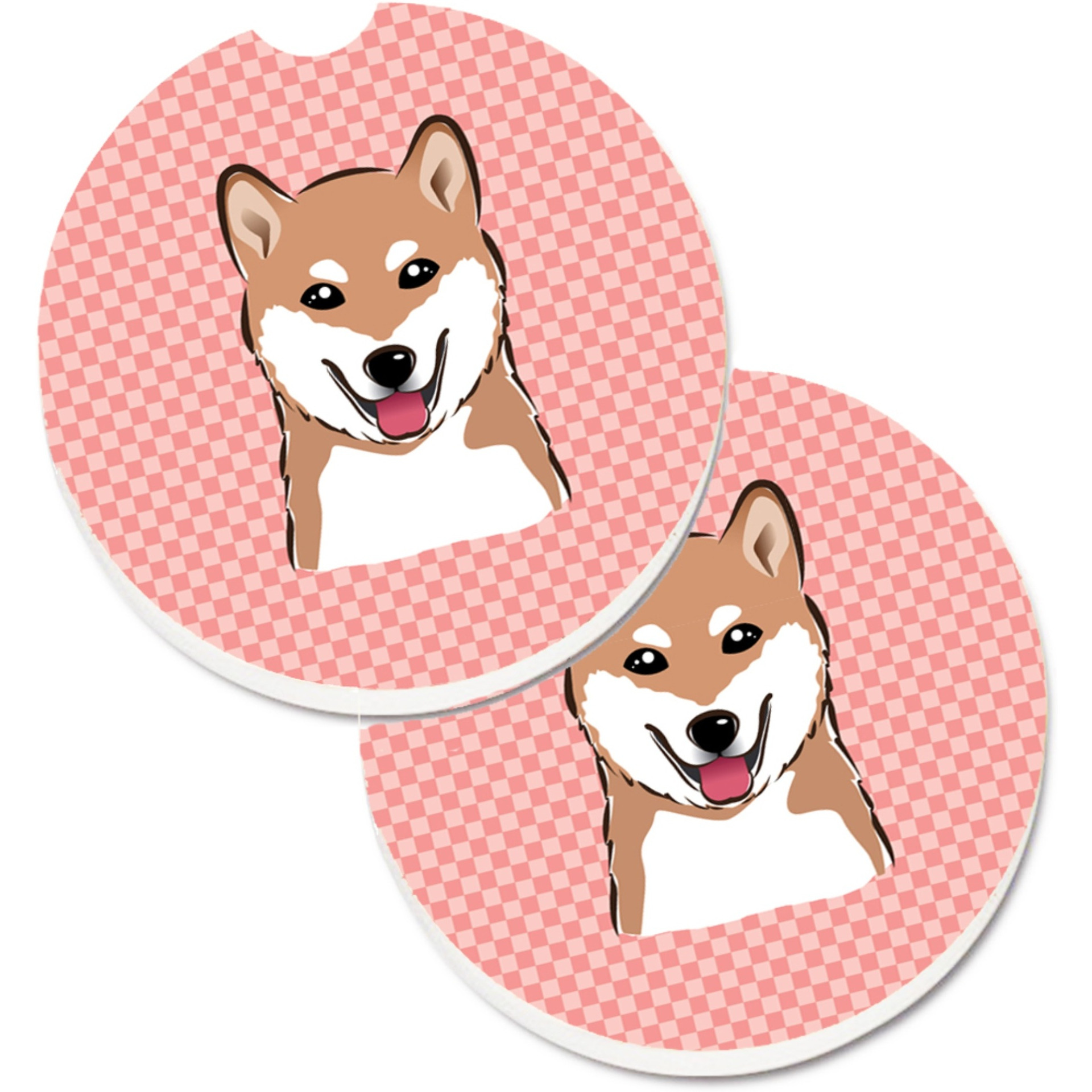 &quotCaroline's Treasures Checkerboard Pink Shiba Inu Set of 2 Cup Holder Car Coasters BB1225CARC, 2.56, Multicolor"
