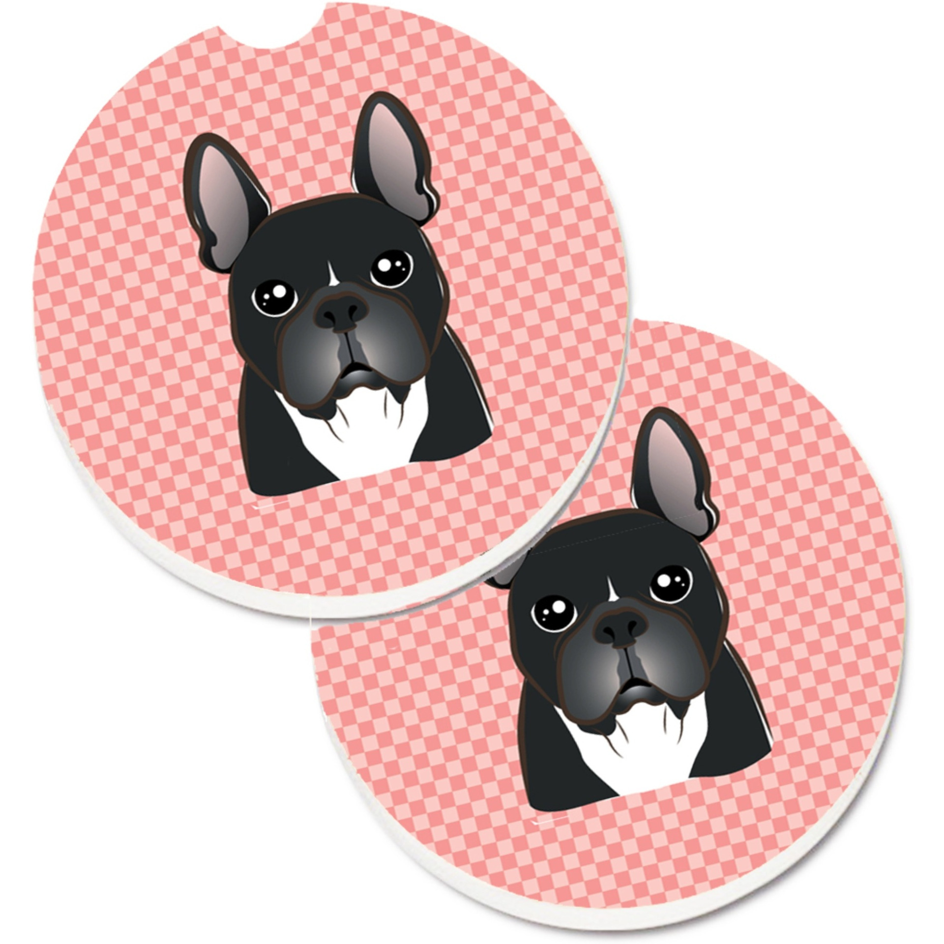 &quotCaroline's Treasures Checkerboard Pink French Bulldog Set of 2 Cup Holder Car Coasters BB1227CARC, 2.56, Multicolor"