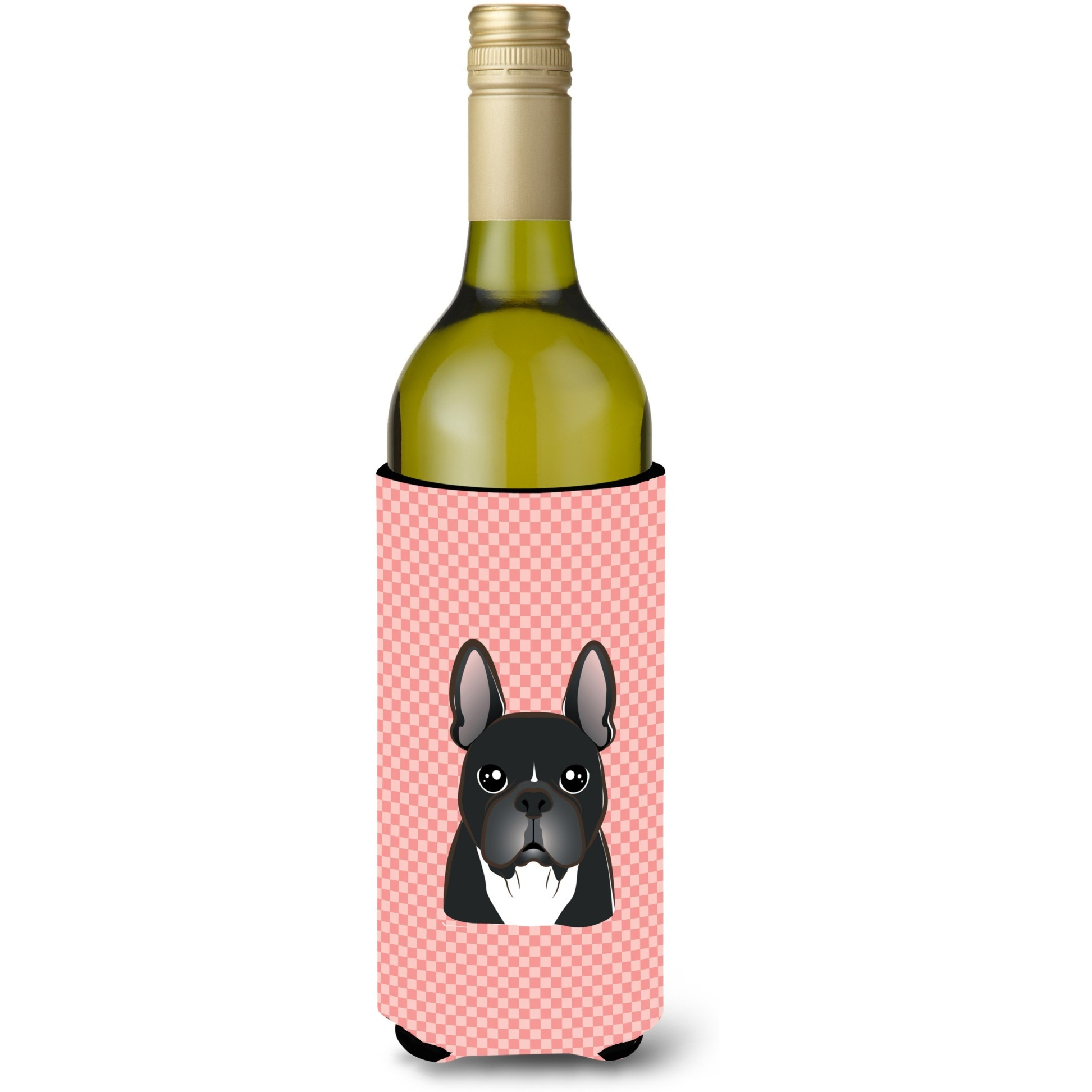 Checkerboard Pink French Bulldog Wine Bottle Beverage Insulator Hugger BB1227LITERK