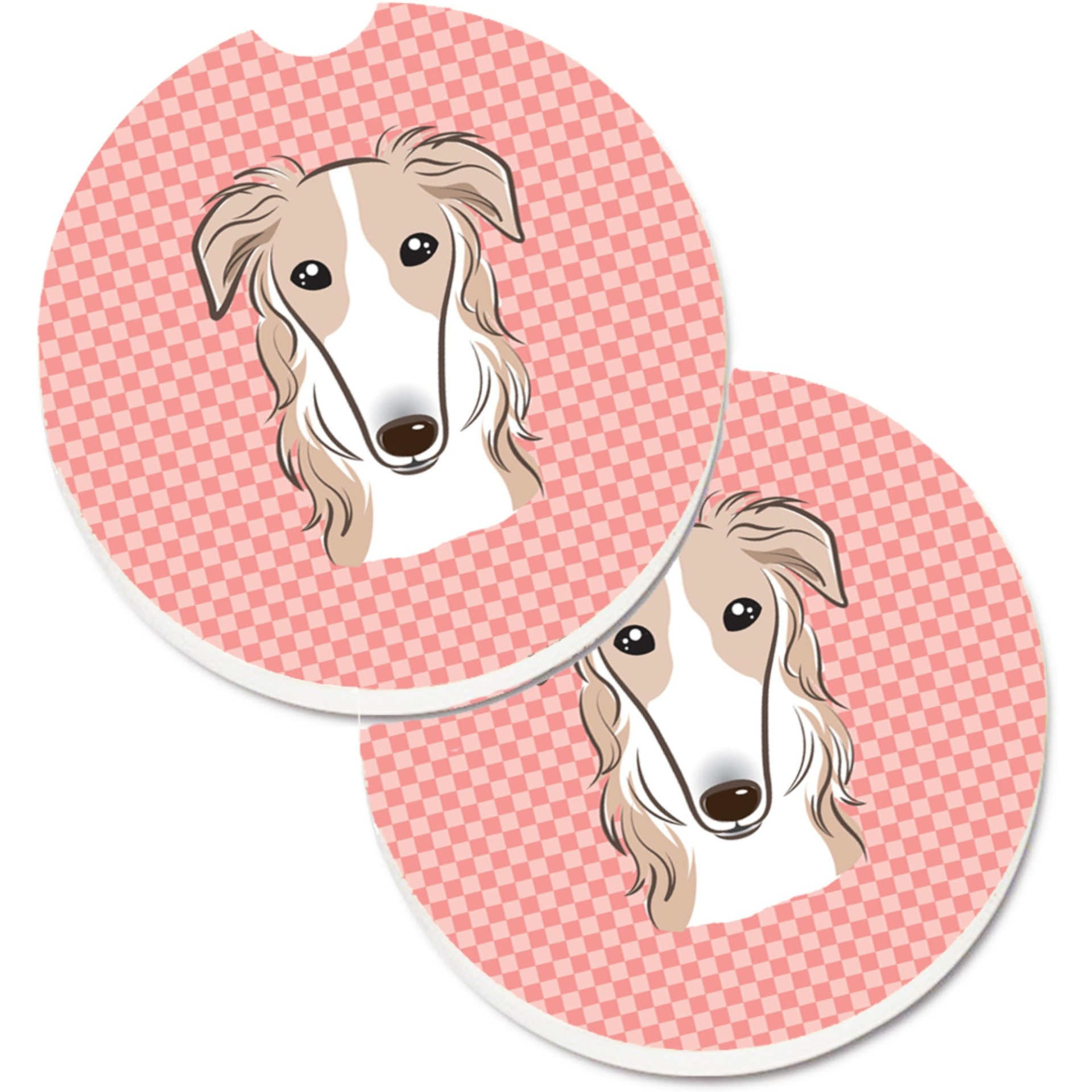 &quotCaroline's Treasures Checkerboard Pink Borzoi Set of 2 Cup Holder Car Coasters BB1228CARC, 2.56, Multicolor"