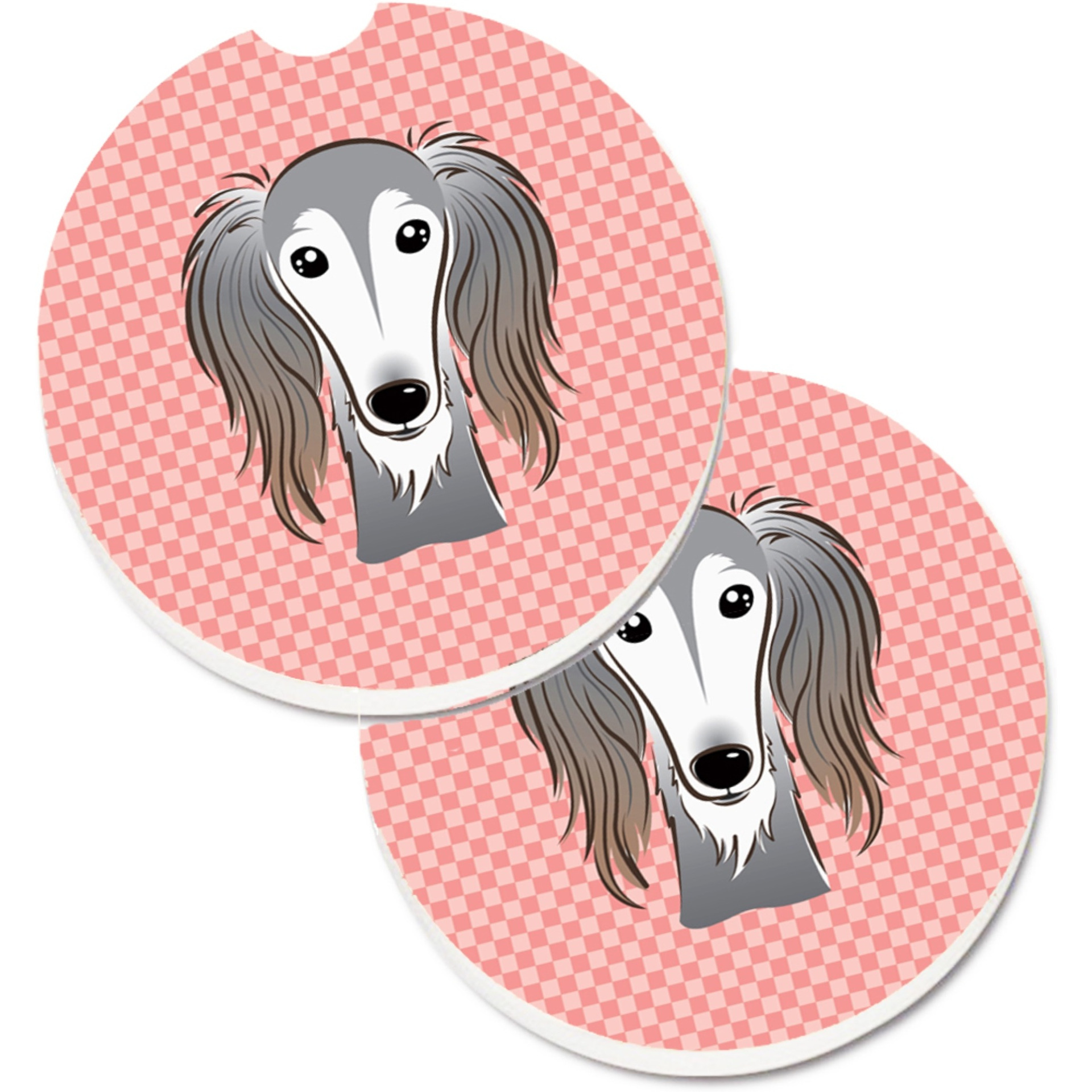 &quotCaroline's Treasures Checkerboard Pink Saluki Set of 2 Cup Holder Car Coasters BB1229CARC, 2.56, Multicolor"