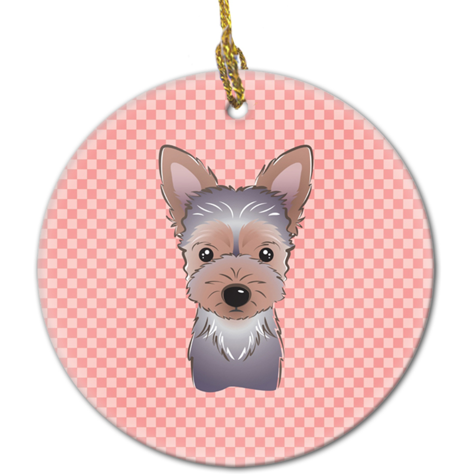 Checkerboard Pink Yorkie Puppy Ceramic Ornament BB1232CO1