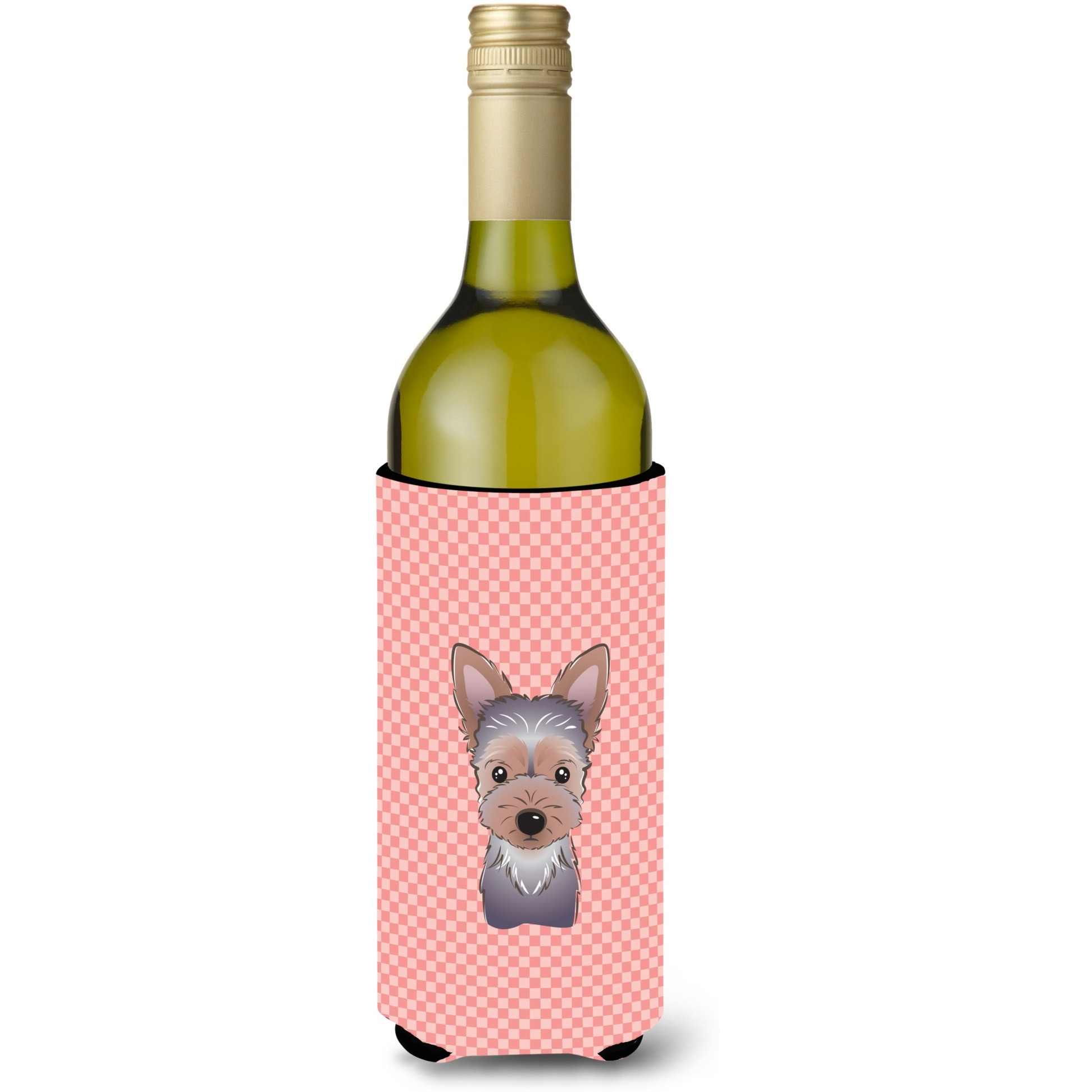 Checkerboard Pink Yorkie Puppy Wine Bottle Beverage Insulator Hugger BB1232LITERK