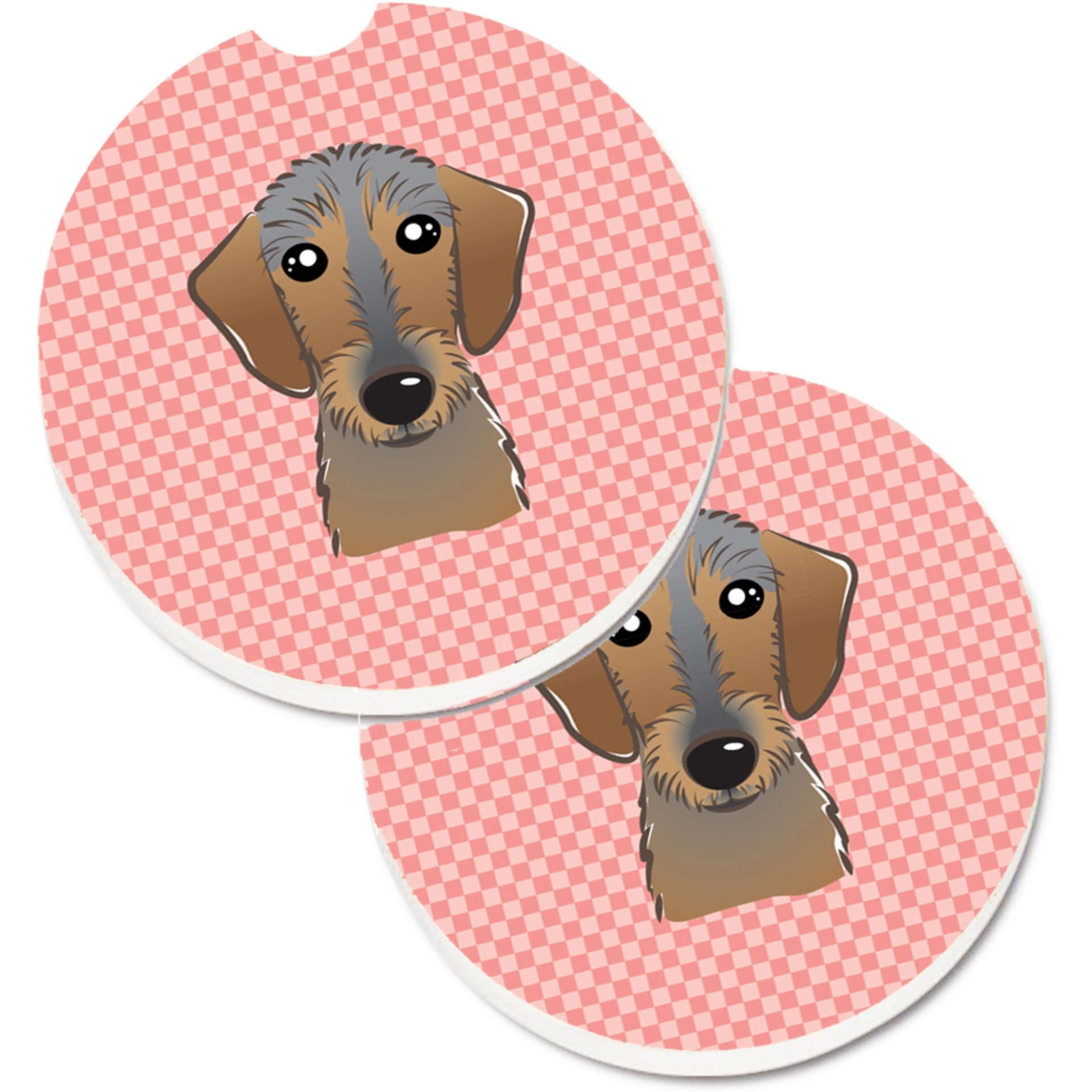 &quotCaroline's Treasures Checkerboard Pink Wirehaired Dachshund Set of 2 Cup Holder Car Coasters BB1233CARC, 2.56, Multicolor"